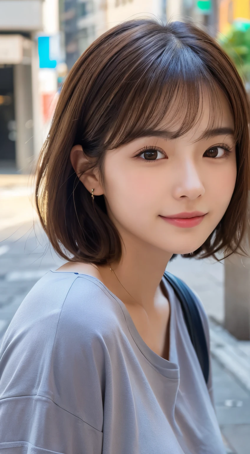 (highest quality,8K quality,masterpiece:1.3,),(超A high resolution:1.3,Photorealistic:1.4,Raw photo:1.2),(Ultra-detailed:1.2,Glowing Skin,Detailed skin:1.1),(Detailed face,Perfect Anatomy,Caustics:1.2), (Symmetrical eyes:1.3),1 girl,cute,Japanese,22 years old,Japanese Ido,Natural brown hair,Short hair curled outwards,cute目,Natural Makeup,Oversized T-shirt,Laughter,Looking at the camera,On the face,Face Focus,Street Corner,Professional Writing,Natural soft light,