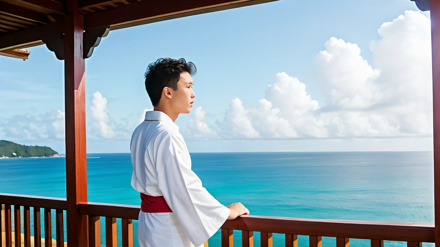 Please generate an image depicting a scene where a high school boy is humming a Ryukyu folk song on the veranda of a seaside house in Okinawa.。High school boys、Wearing a Ryukyu kimono。
In the background、The clear, blue sea that is symbolic of Okinawa spreads out before you.、The coastline features white sandy beaches。The gentle waves of the ocean lapping on the shore、The blue sky and white clouds in the distance add to the atmosphere of the image.。This image is、Expressing how the younger generation is inheriting the traditional culture of the Ryukyus、Please make it something that also conveys the natural beauty of Okinawa.。