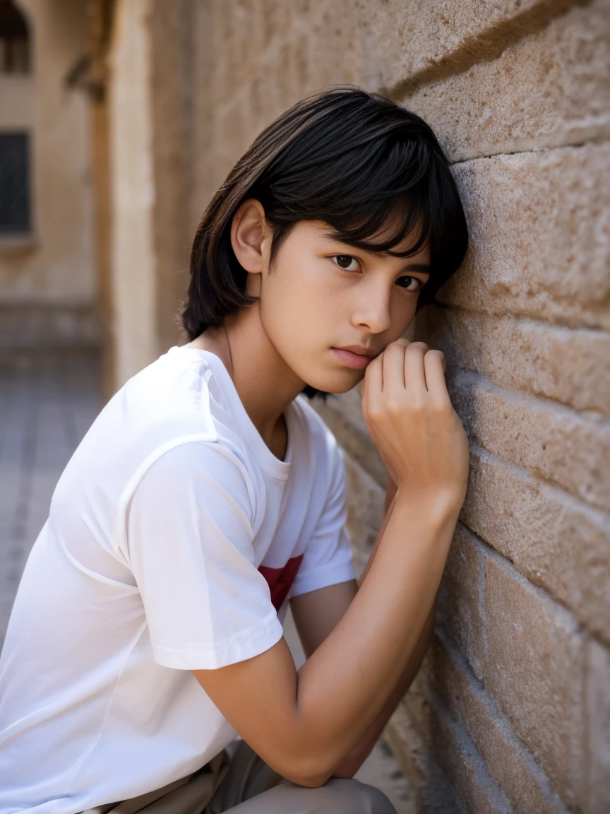 A very beautiful 14 year old boy, muy tierno, shy and sad look, piel blanca con rasgos finos, poca ropa, pectorales fuertes definidos, al descubierto, desnudos, piernas musculosas, hermosos pezones grandes obscuros grandes y puntiagudos, abs definidos, muy masculino.
