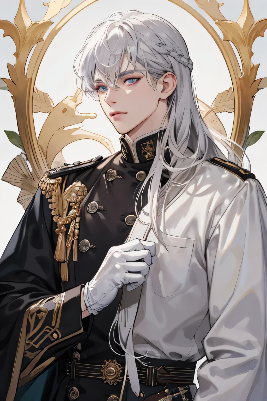 Emporer, old Man, male, 1boy, mature male, manly, shine, depicting Equal eyes, golden eyes (A Male god) Look at camera, depicting delicate facial features, black uniform, white gloves, gothic style, ribbon, silver white long hair, extreme detail, delicate depiction, light golden eyes, all colors except purple are low saturation, royal, elegant, noble, royal dress, gold eyes, silver white long hair