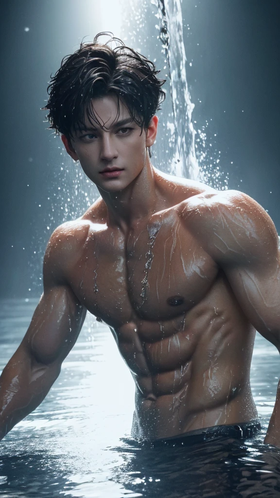 Jungkook, (best quality,4k,8k,highres,masterpiece:1.2),ultra-detailed,(realistic,photorealistic,photo-realistic:1.37),shirtless wet face and body,sweat glistening on his skin,raindrops falling down his toned chest,rugged jawline,perfectly sculpted abs,rippling muscles,sinewy arms,light reflecting off his wet hair,dark intense eyes,piercing gaze,exuding confidence and allure,wet droplets on his full lips,determined expression,subtle shadows highlighting his facial features,glistening water droplets on his body,highlighting his defined physique,tattoos peeking out from beneath the wet skin, skin and the dark background,contrasting textures of wetness and roughness,depicting his raw masculinity and power.
