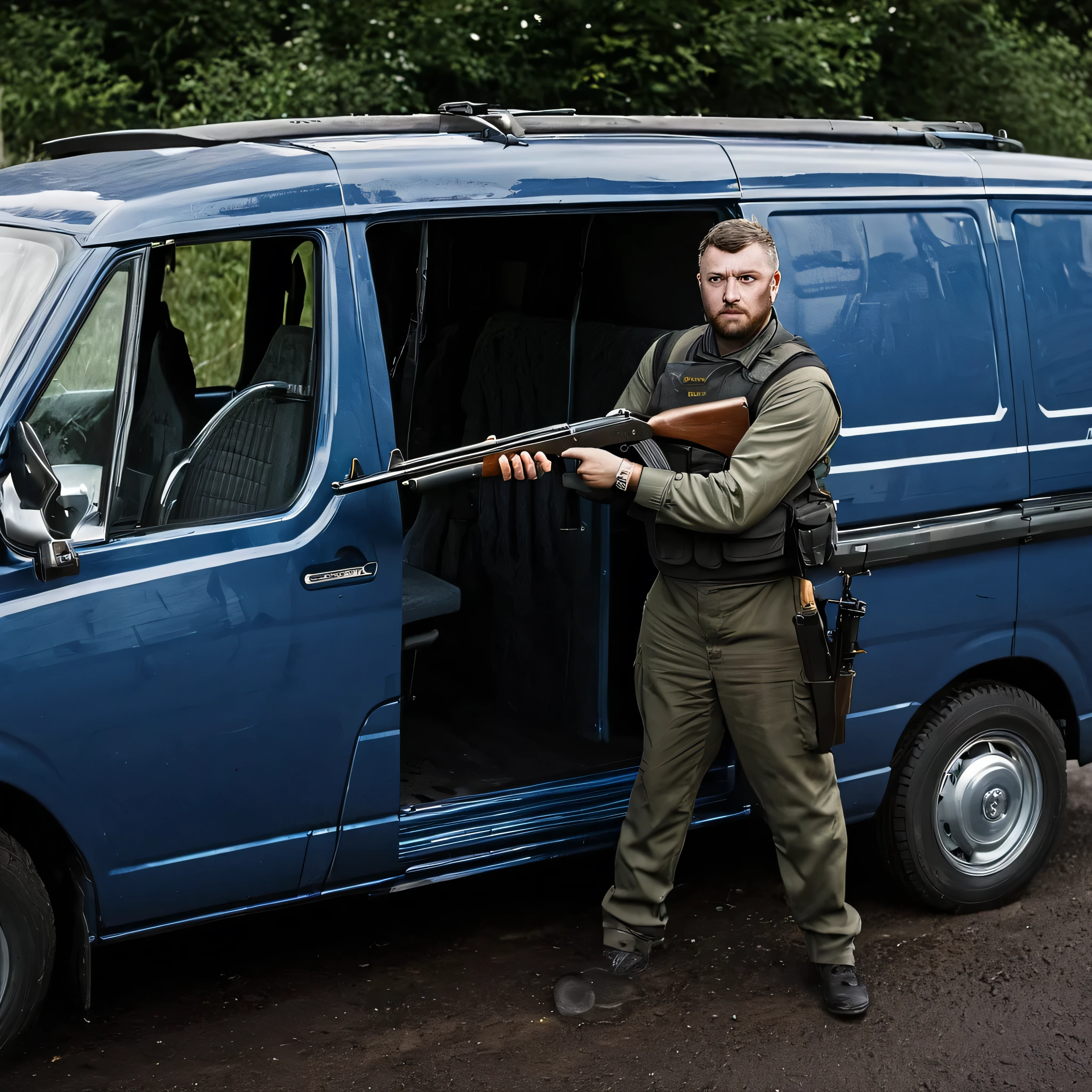 an arms dealer next to his van while loading a shotgun (weapon) (car) (human) (looking at camera) (van)