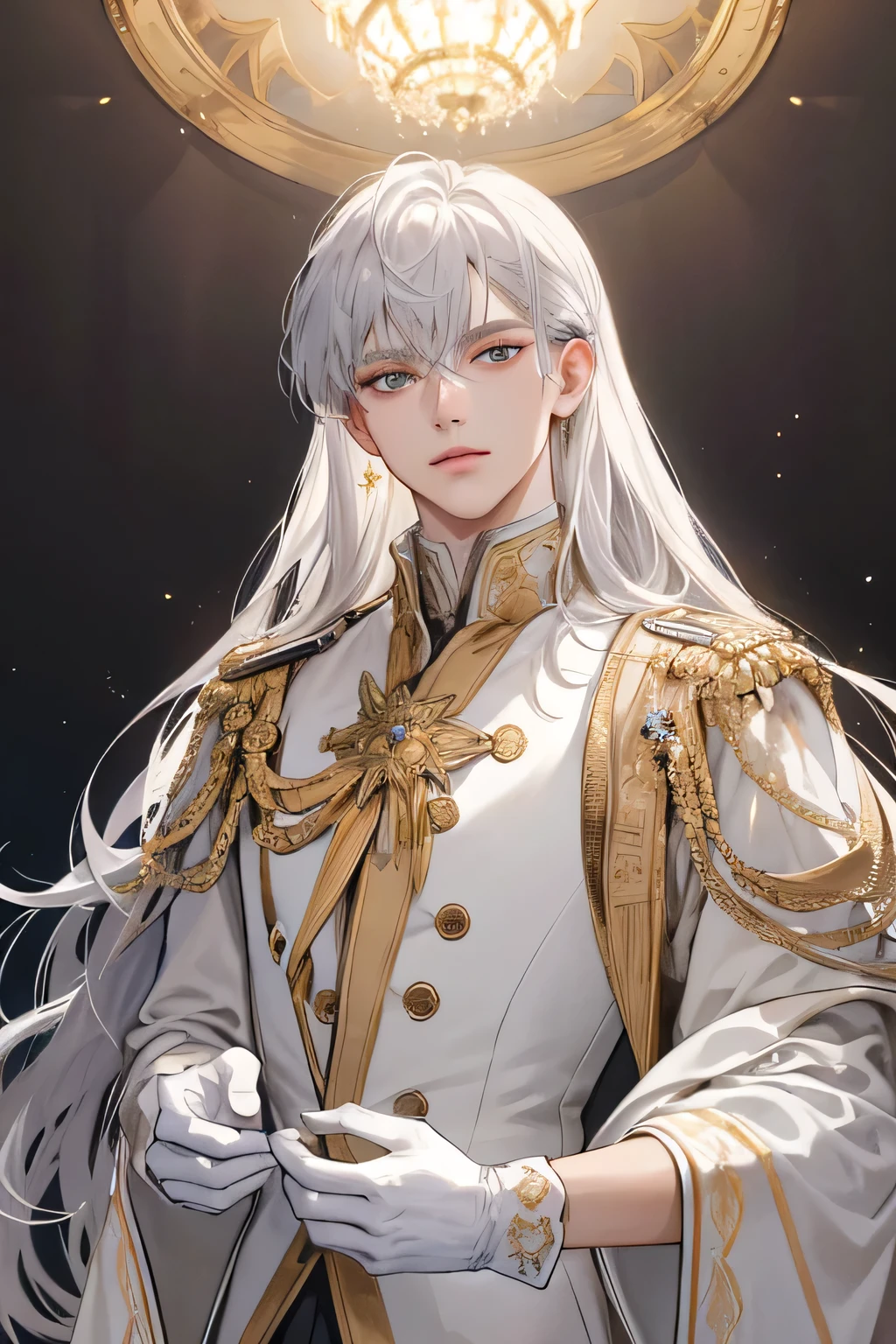 Emporer, old Man, male, 1boy, mature male, manly, shine, depicting Equal eyes, golden eyes (A Male god) Look at camera, depicting delicate facial features, white gold uniform victorian, white gloves, gothic style, ribbon, silver white long hair, extreme detail, delicate depiction, light golden eyes, all colors except purple are low saturation, royal, elegant, noble, royal dress, golden eyes, silver white long hair