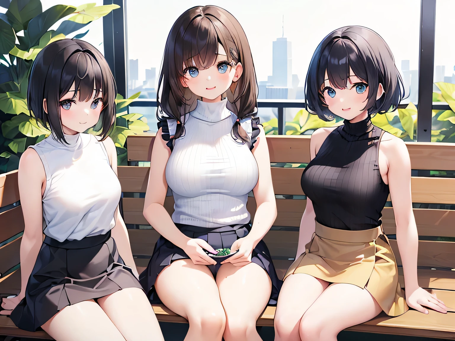 (masterpiece、highest quality、High resolution、Realistic photo、Real looking skin:1.1)、
(Three women are sitting side by side on benches in the company break room.:1.8)、
(The skirt is so short that her panties are visible:1.5)、
(Smiling happily:1.5)、
(The first person was wearing a beige sleeveless turtleneck sweater and a mini skirt.、I'm wearing pumps:1.5)、
(The second person is wearing a blue short-sleeved turtleneck sweater and a mini skirt.、I'm wearing pumps:1.5)、
(The third girlfriend was wearing a white short-sleeved V-neck knit and a mini skirt.、I'm wearing pumps:1.5)、
(Hairstyle、The first one has long black hair、The second person has short brown hair.、The third person has short black hair.:1.8)、
(The location was a bench in the company's break room.:1.5)、
Full Body Esbian、Beautiful Eyes、Shining Eyes、Shining thighs、NSFW