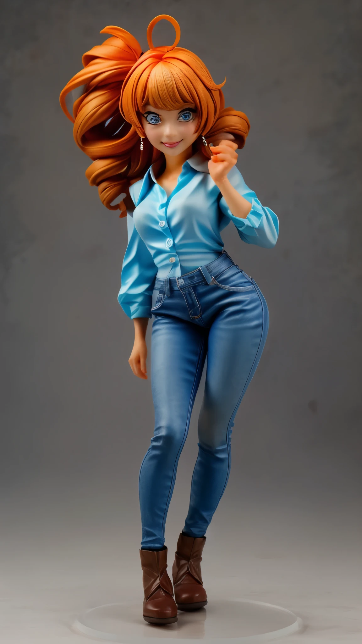 (best quality,4k,8k,highres,masterpiece:1.2),ultra-detailed, An action figure of a 39 year old Japanese woman, gyaru, five foot five inches tall, ginger colored hair, mole by her left eye, blue button up blouse, maroon jeans, large swollen breasts, wide hips, dancing around mid-western suburban american house, seductive pose, smiling lustfully, looking at viewer lovingly, 1/18 scale, 10 points of articulation, articulated joints, ((Fullbody-shot)) HDR, 8k, absurdres, cinestill 800, sharp focus, add_detail:2 (1woman, solo)
