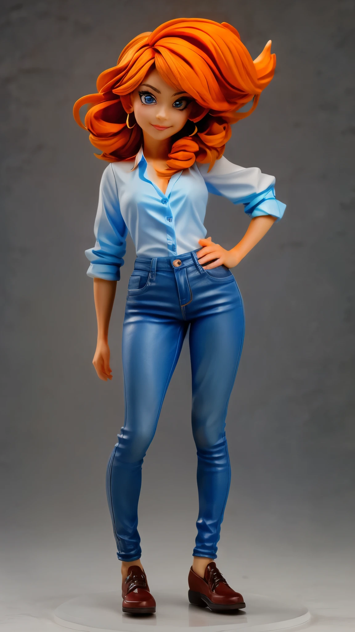 (best quality,4k,8k,highres,masterpiece:1.2),ultra-detailed, An action figure of a 39 year old Japanese woman, gyaru, five foot five inches tall, ginger colored hair, mole by her left eye, blue button up blouse, maroon jeans, large swollen breasts, wide hips, dancing around mid-western suburban american house, seductive pose, smiling lustfully, looking at viewer lovingly, 1/18 scale, 10 points of articulation, articulated joints, ((Fullbody-shot)) HDR, 8k, absurdres, cinestill 800, sharp focus, add_detail:2 (1woman, solo)