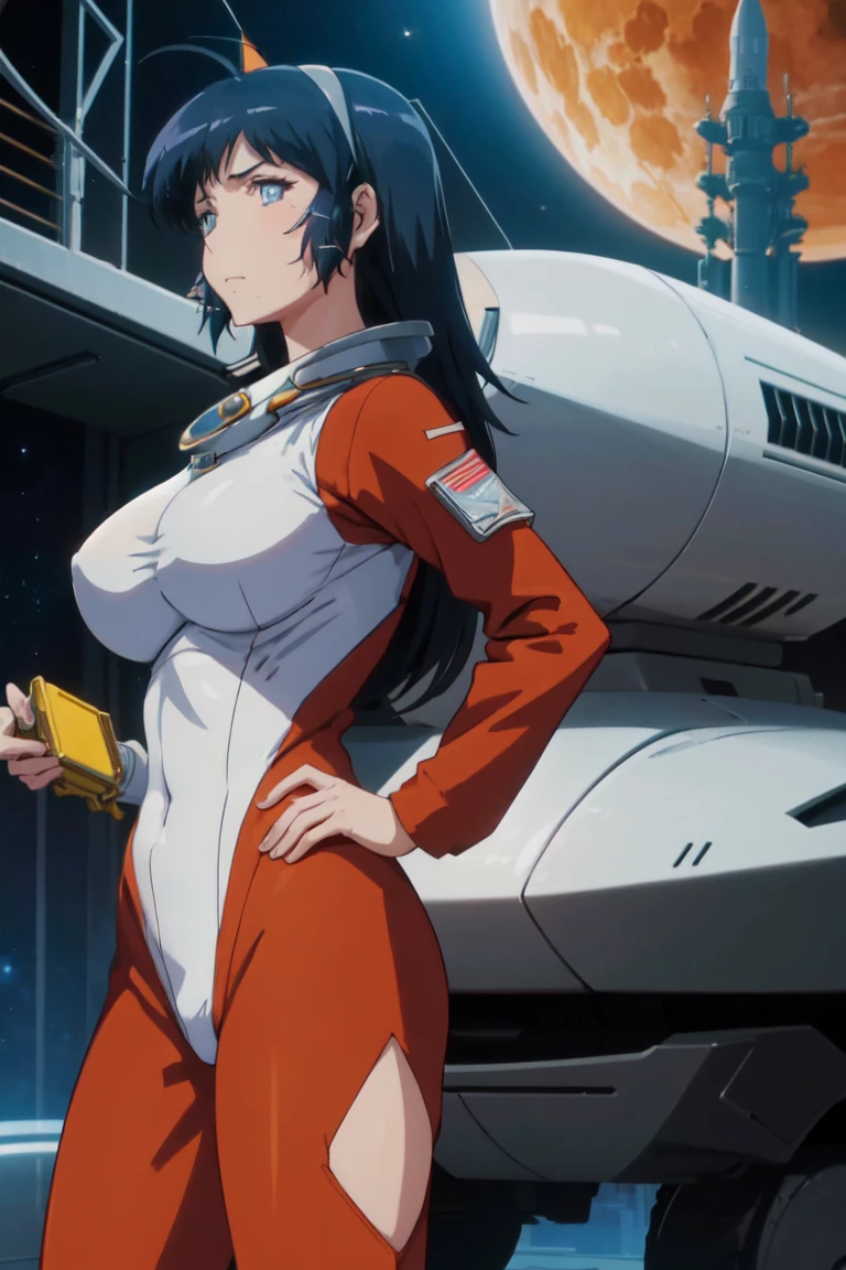 Arabic style image of a woman in a futuristic suit with a spaceship in the background, Cinematic art, In front of an orange background, Inspired by Robert McGinnis, Female protagonist, Megastructure in the background, AIastronautの肖像画, astronaut, astronaut, astronautのスケルターの肖像画, Perfect android girl, frank franzzeta and sakimichan  