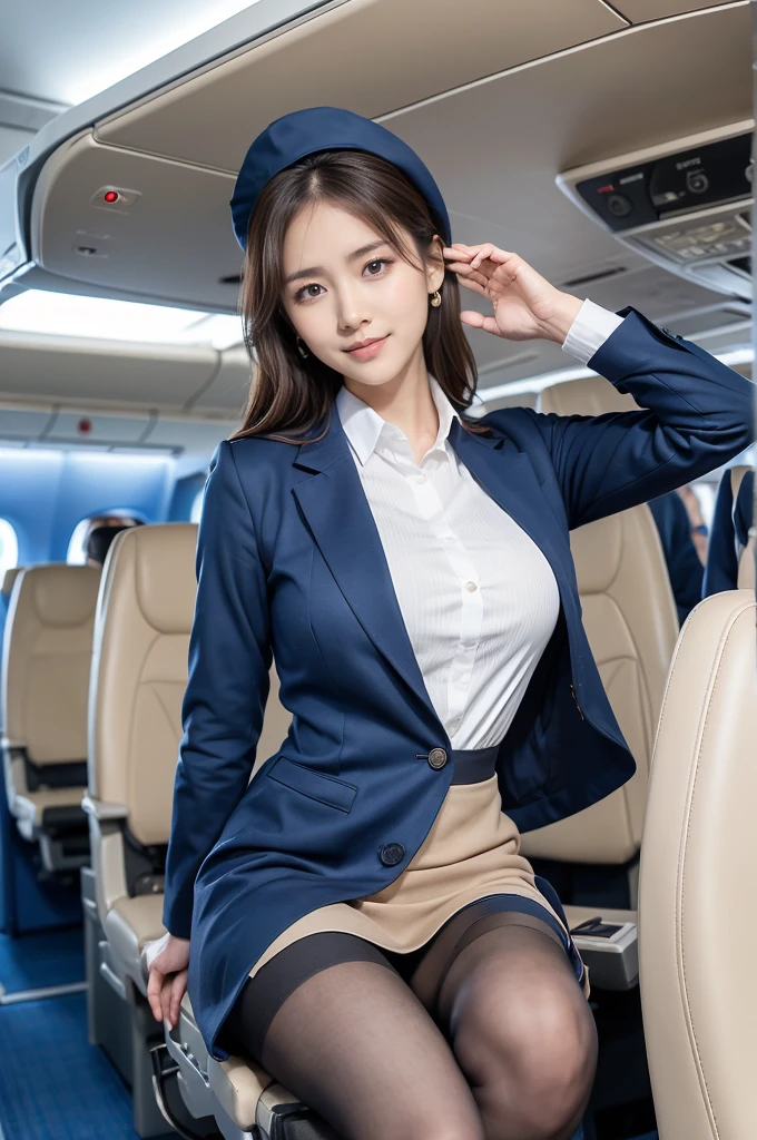  (8K, best quality, masterpiece:1.2), (realistic, photo-realistic:1.37), (high color saturation:1.0),  (highly detailed skin), (highest quality:1.0), (ultra high resolution:1.0) ,(realistic:1.0), (Super detailed:1.0), (8K, Raw photo:1.1)、standing random pose, smiling, natural breast, perfect lighting, 3girls, 24years old, (mysterious), clear and detailed, ((ANA_Cabin Crew, blue flight attendant_uniform)), beige pantyhose, (aircraft, aircraft seats), cute face, looking at back viewer, tightskirt, visual panty line, 