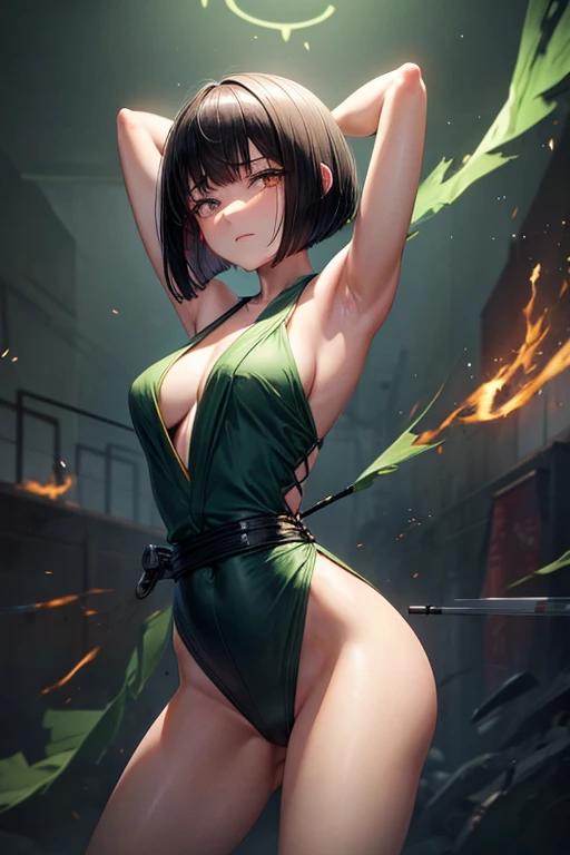 Black hair bob cut　Smart proportions　A woman wearing a shrine maiden outfit is standing with her legs apart and her arms stretched out in front of her, ready to go.　unrealistic　There are multiple green flames flying around.　Fighting in an abandoned hospital at night　Green light　Dirty walls　darkness　surgical tools　Struggled　impatience　Half crying　fear　regret　Just before defeat