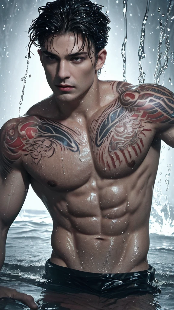 (best quality,4k,8k,highres,masterpiece:1.2),ultra-detailed,(realistic,photorealistic,photo-realistic:1.37),shirtless wet face and body,sweat glistening on his skin,raindrops falling down his toned chest,rugged jawline,perfectly sculpted abs,rippling muscles,sinewy arms,light reflecting off his wet hair,dark intense eyes,piercing gaze,exuding confidence and allure,wet droplets on his full lips,determined expression,subtle shadows highlighting his facial features,glistening water droplets on his body,highlighting his defined physique,tattoos peeking out from beneath the wet skin, skin and the dark background,contrasting textures of wetness and roughness,depicting his raw masculinity and power.