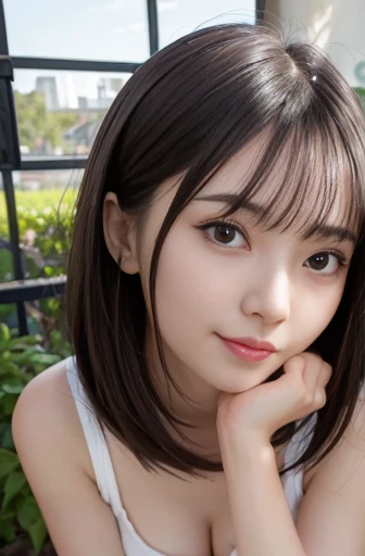a lot of details, (slender waist), 30 years old, detailed black hair, beautiful detailed hair, super fucking beautiful, complex details beautiful and delicate eyes, perfect hands, (small breasts best quality), perfect and delicate limbs, detailed skin, best quality, ultra-detailed,
full body shot, long shot,high angle shot,far from viewer, from side, leaning forward, flipped hair, delightful, (Laughter:1.2), gym uniform,greenhouse, tree, flowers, light shaft,