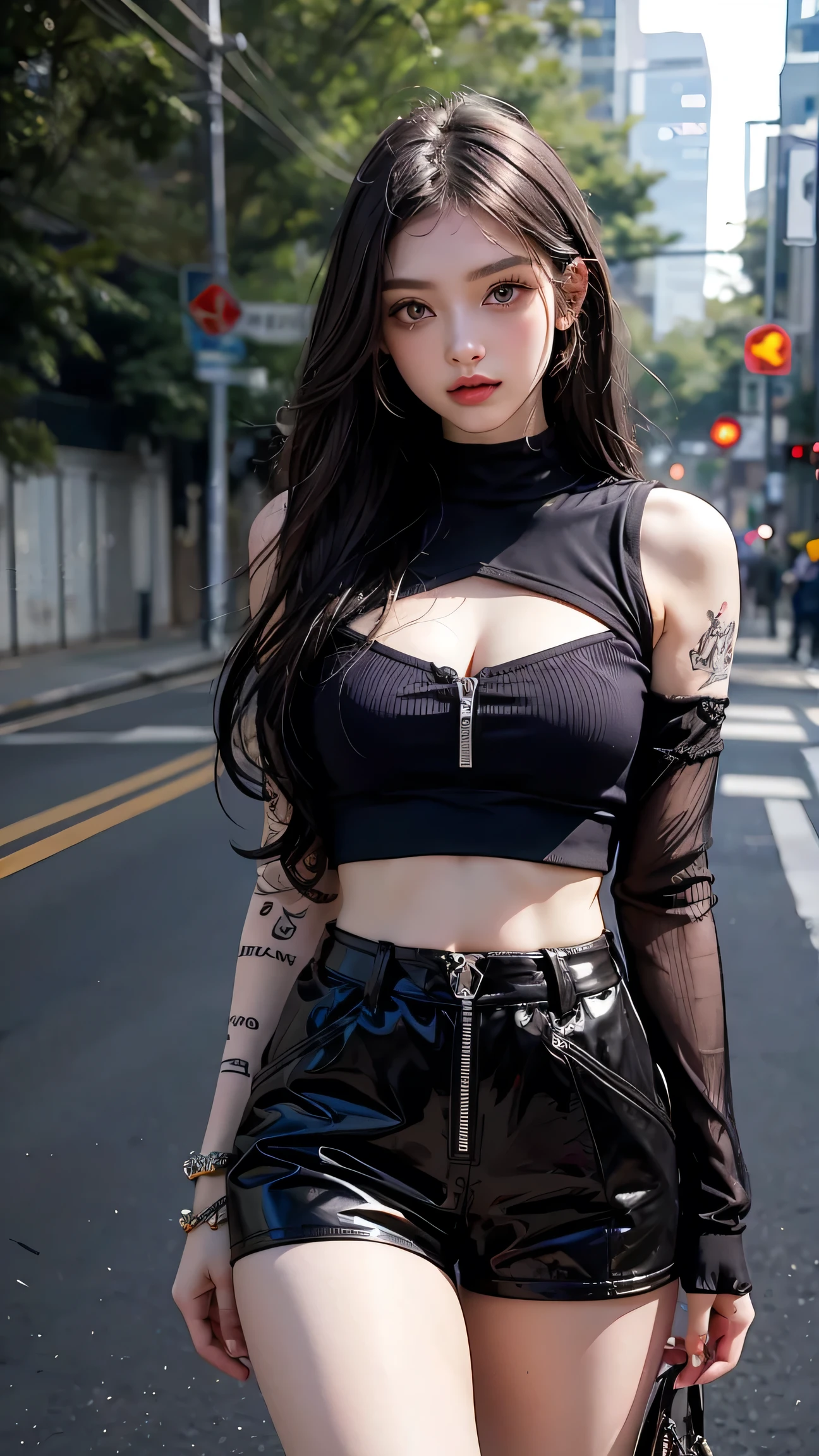 One girl, Gray Hair, Long Hair, Techwear masterpiece, highest quality, Realistic, Dark purple jacket, Portraiture, Fine grain, Wearing the headset, Platinum Hair, 21 year old girl, Fashion pose, Half Body, Wide shot, on the road, cyber punk,(((He has many tattoos all over his body)), (((Tight waist))), ((Big Breasts)),(See-through),panties