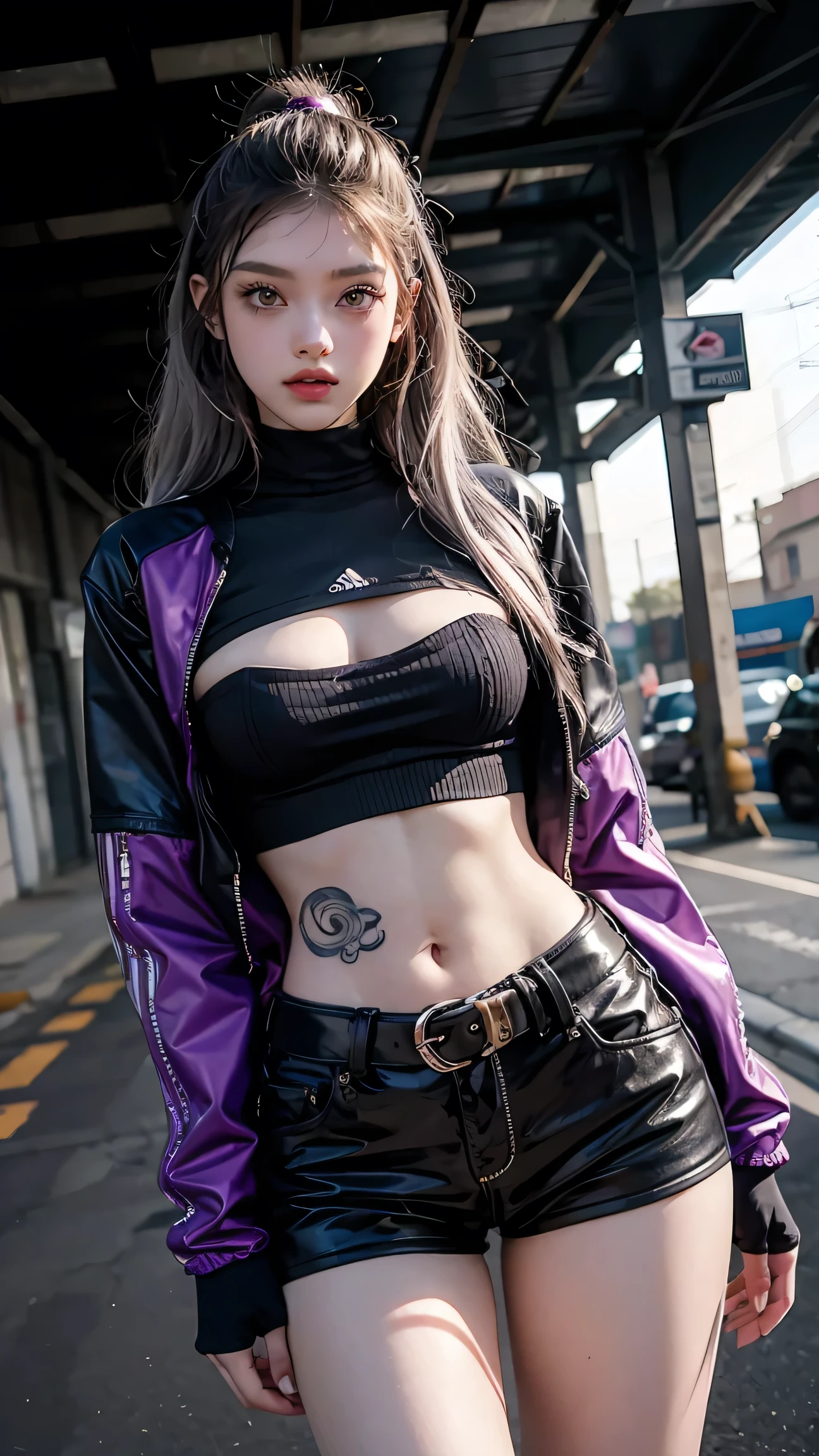 One girl, Gray Hair, Long Hair, Techwear masterpiece, highest quality, Realistic, Dark purple jacket, Portraiture, Fine grain, Wearing the headset, Platinum Hair, 21 year old girl, Fashion pose, Half Body, Wide shot, on the road, cyber punk,(((He has many tattoos all over his body)), (((Tight waist))), ((Big Breasts)),(See-through)，panties