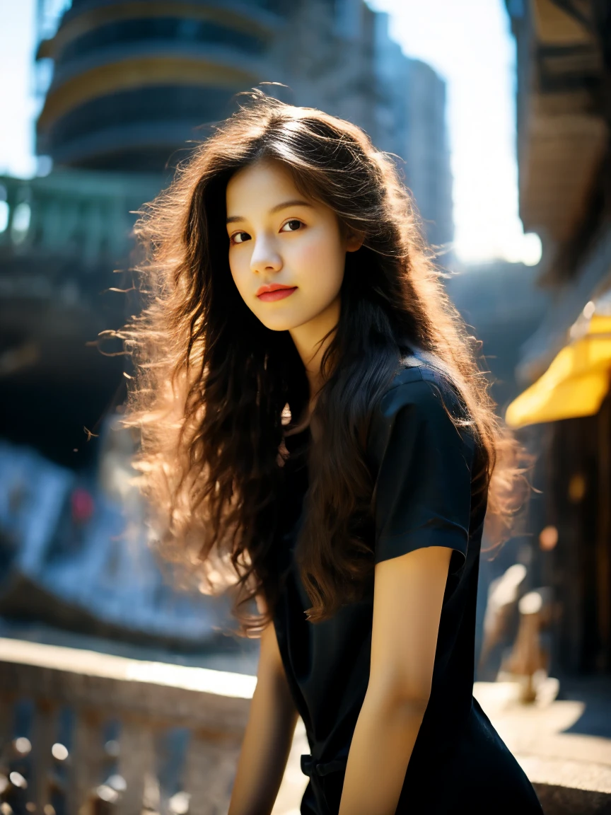 18-year-old player，Ultra HD resolution，8k，Realistic style，Sporty，Natural light，Jersey texture，cheer，Long hair，hale and hearty，whole body，White skin，Chinese Girl，Chinese Girl，long hair，In the city，High-rise buildings，很多High-rise buildings，Long legs，Smile，Blue sky，audience，Facing the camera，Short-sleeved jersey，Black neckline，Black cuffs，Black shorts，Sweatpants，sports shoes，whole body，大Long legs，masterpiece，best quality，high resolution，8K，original photo，real picture，Digital Photography，(UHD, anatomically correct, textured skin, ccurate, award winning), 1lltnh1