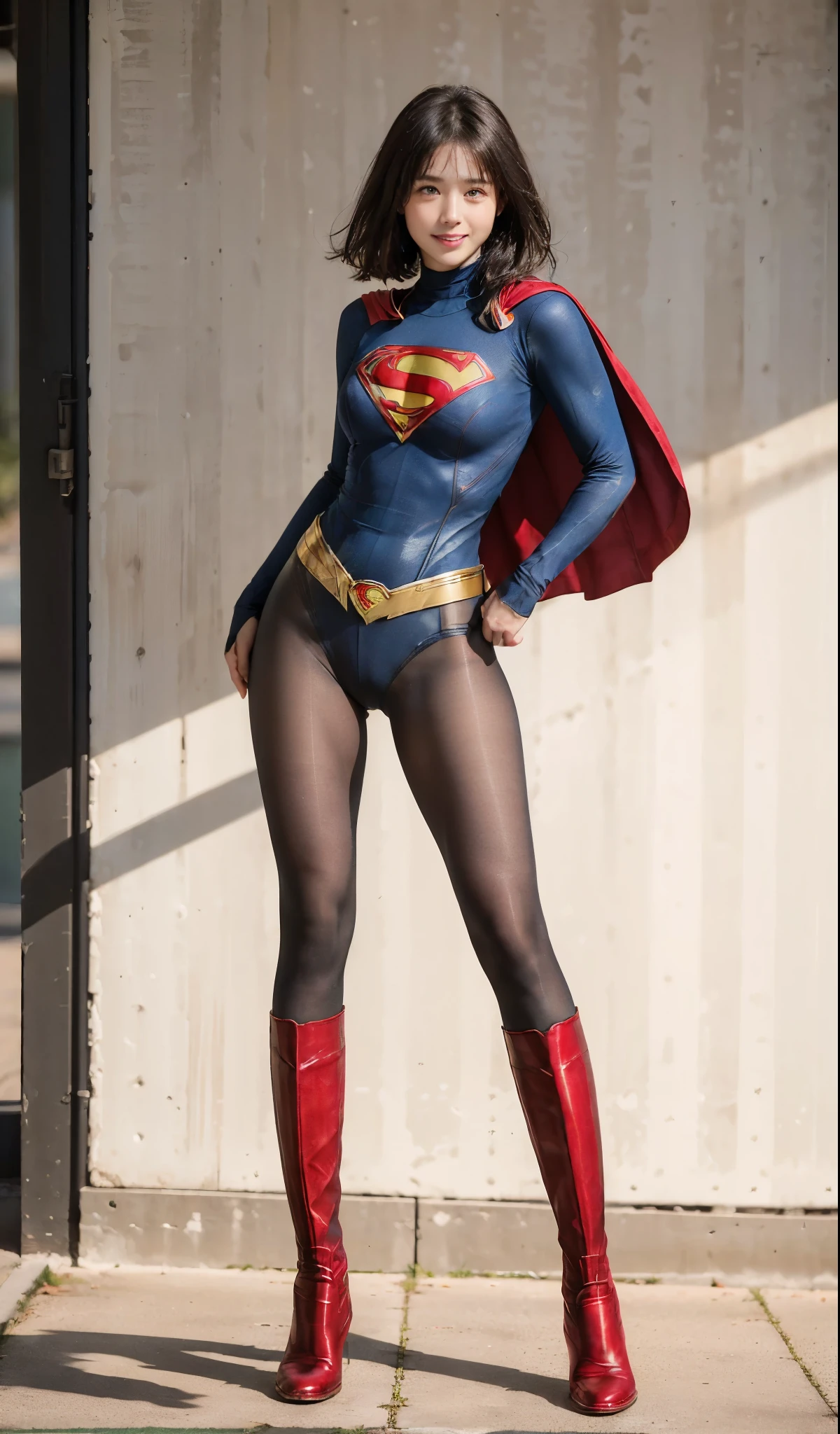 No background、She always has her mouth open、She always looks distressed、Always close your eyes、(((Beautiful legs in black tights.)))、(((Stretch your legs、expensive、美しいsmileを表現する)))、((((Make the most of your original images)))、(((Supergirl Costume)))、(((Beautiful short haircut)))、(((smile)))、(((Black tights legs、Wear red boots)))、((Best image quality、8k))、((highest quality、8k、masterpiece:1.3))、(((Preserve background )))、Sharp focus:1.2、Beautiful woman with perfect figure:1.4、Slim Abs:1.2、Wet body:1.5、Highly detailed face and skin texture、8k