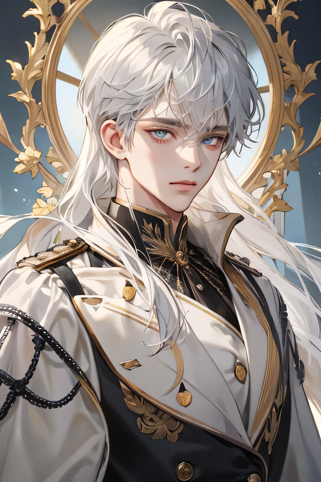Emporer, old Man, male, 1boy, mature male, manly, shine, depicting Equal eyes, golden eyes (A Male god) Look at camera, depicting delicate facial features, white gold uniform victorian, white gloves, gothic style, ribbon, silver white long hair, extreme detail, delicate depiction, light golden eyes, all colors except purple are low saturation, royal, elegant, noble, royal dress, golden eyes, silver white long hair