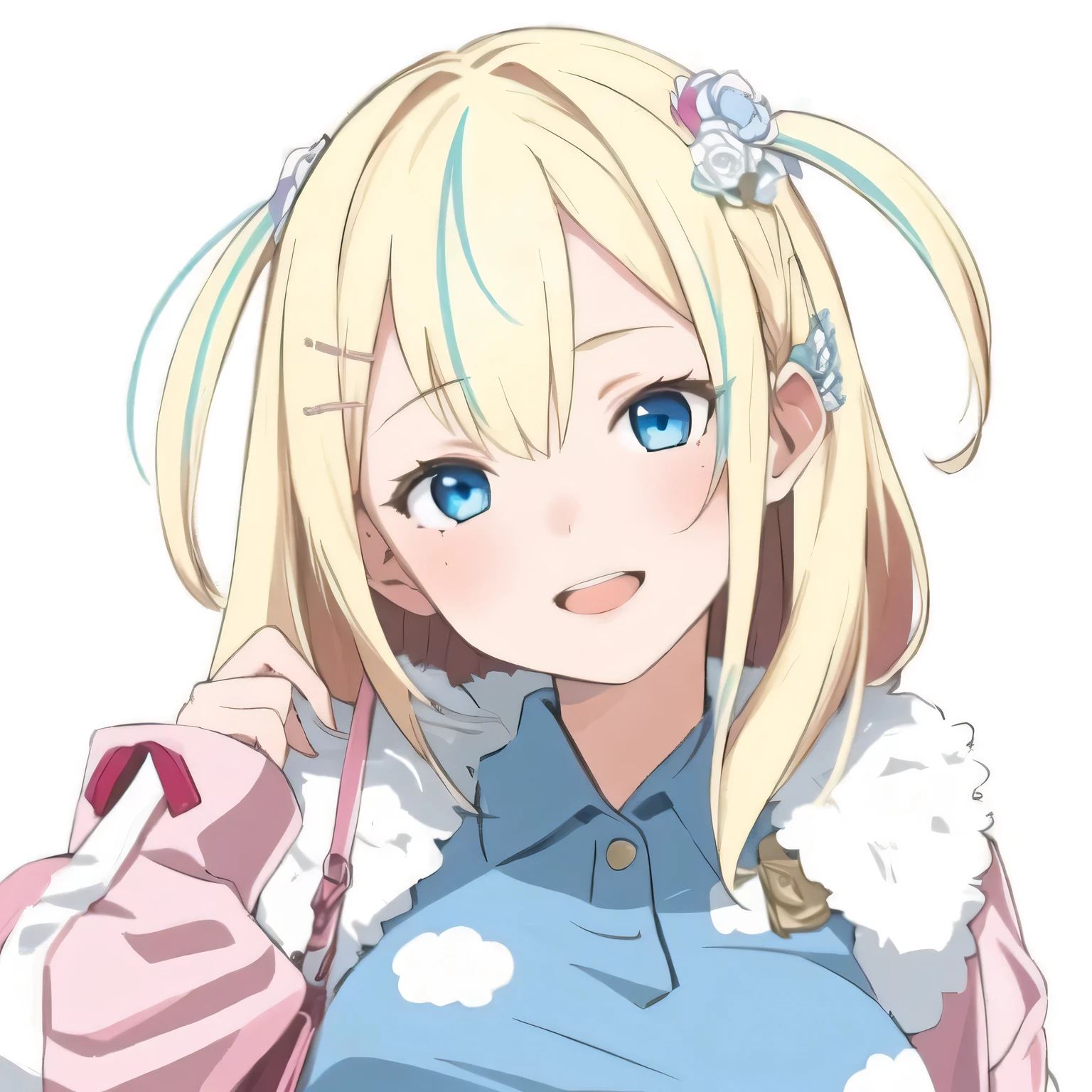 1girl with blonde hair and blue eyes holding a pink purse, Very detailed, Very Realistic.