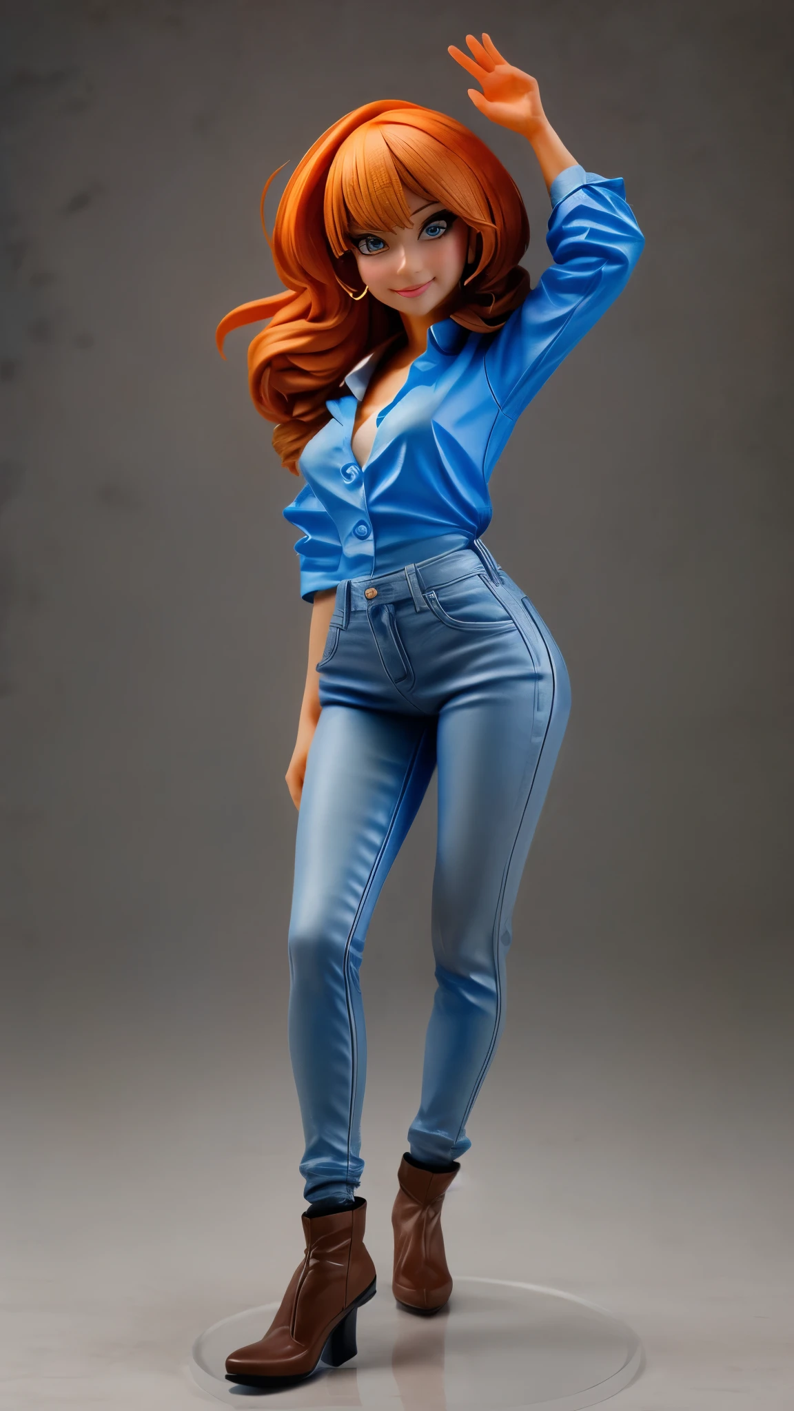 (best quality,4k,8k,highres,masterpiece:1.2),ultra-detailed, An action figure of a 39 year old Japanese woman, gyaru, five foot five inches tall, ginger colored hair, mole by her left eye, blue button up blouse, maroon jeans, large swollen breasts, wide hips, dancing around mid-western suburban american house, seductive pose, smiling lustfully, looking at viewer lovingly, AIKA, ((Fullbody-shot)) HDR, 8k, absurdres, cinestill 800, sharp focus, add_detail:2 (1woman, solo)
