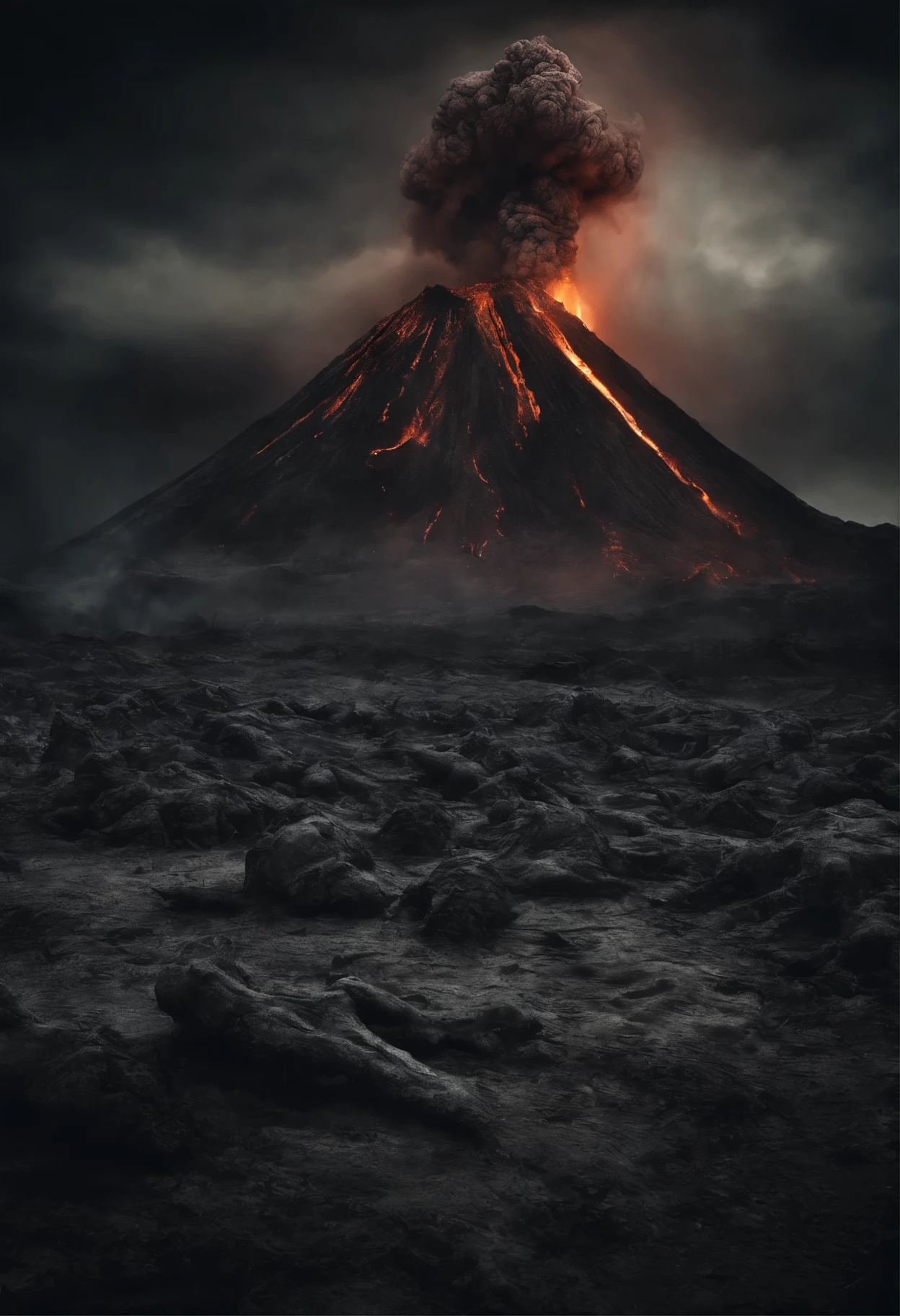 Volcanic eruption at night.