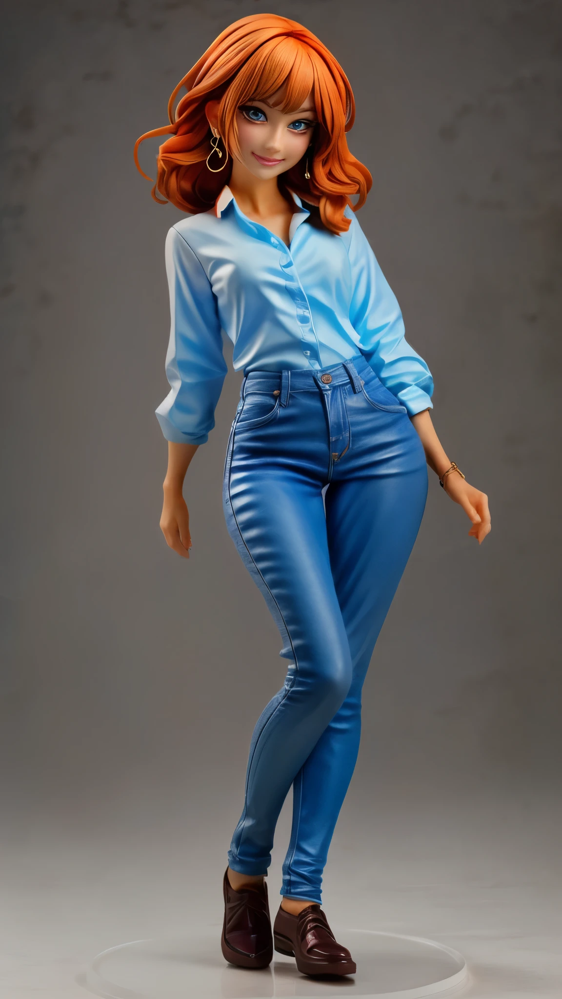 (best quality,4k,8k,highres,masterpiece:1.2),ultra-detailed, An action figure of a 39 year old Japanese woman, gyaru, five foot five inches tall, ginger colored hair, mole by her left eye, blue button up blouse, maroon jeans, large swollen breasts, wide hips, dancing around mid-western suburban american house, seductive pose, smiling lustfully, looking at viewer lovingly, AIKA, ((Fullbody-shot)) HDR, 8k, absurdres, cinestill 800, sharp focus, add_detail:2 (1woman, solo)
