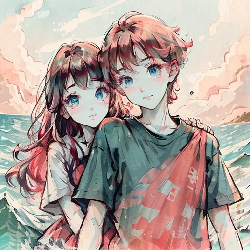 A red-haired girl with green eyes next to a blonde boy with blue eyes in the middle of the sea admiring a red but magical sky