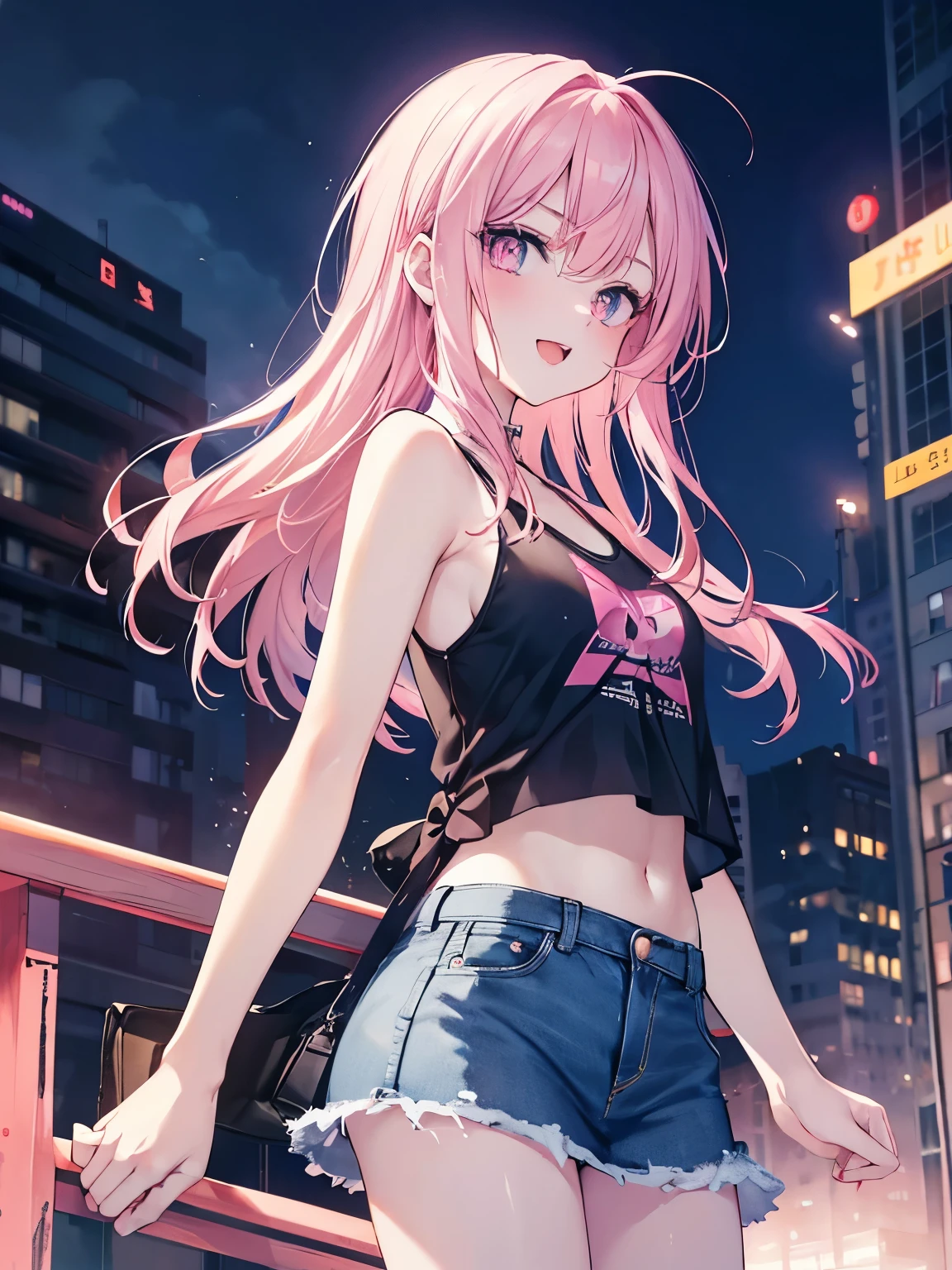 Optimal，masterpiece，High resolution，Highest quality，Hyper HD，Very detailed，Award-winning，16K，alone，（Upper Body），Correct Anatomy，Beautiful Cyberpunk Girl，Cowboy Shot、Cute Face，，Pink Hair、Long Hair、, Hairline，（（Scarlet Eyes）），Long eyelashes，Drooping eye corners，White skin，Shoot from the side, ((See-through camisole:1.5)), rocket , （Because I&#39;thin），
