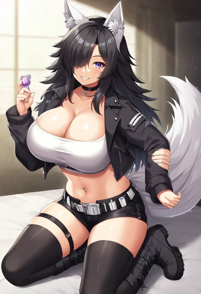 1girl, solo, breasts, smile, large breasts, black hair, thighhighs, navel, animal ears, cleavage, jacket, tail, boots, shorts, choker, midriff, belt, hair over one eye, black jacket, crop top, short shorts, black choker, piercing, white wolf ears, ear piercing, white wolf tail, female, wolf girl, asia human fase