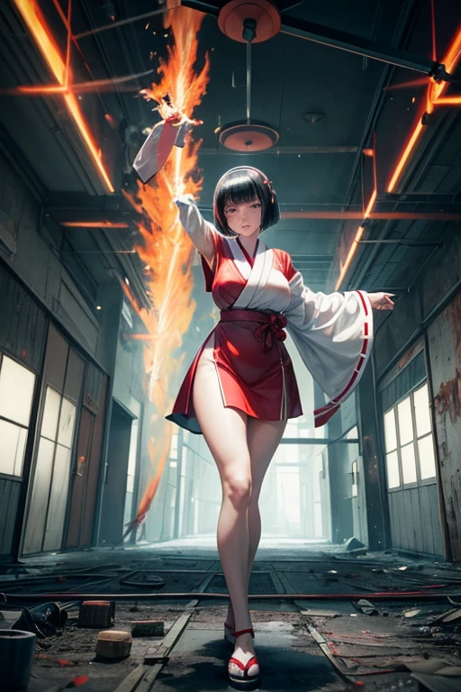Black hair bob cut Smart proportions A woman wearing a red and white shrine maiden outfit is standing with her legs apart and her arms stretched out in front of her, ready to go. unrealistic There are multiple green flames flying around. Fighting in an abandoned hospital at night Dirty walls darkness surgical tools Struggled impatience Half crying fear regret Just before defeat