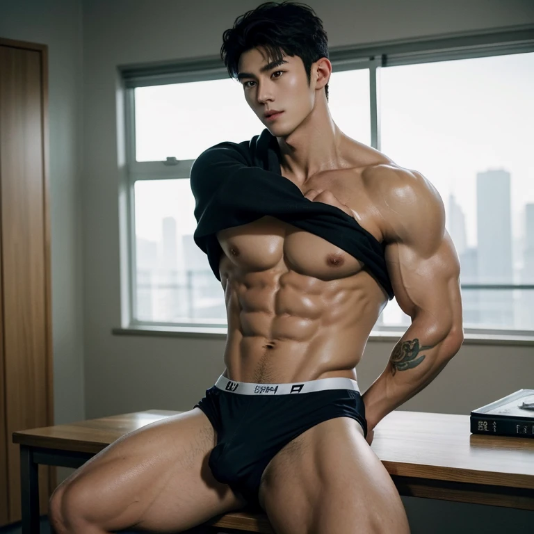 2 handsome chinese guy cuddling, romantic , manly，super realistic, tall, 20 years old，young baby face, strong sport body, sexy , detailed muscles, Inspired by Bian Shoumin, Inspired by Xiao Yuncong, yihao ren, yanjun cheng, jinyiwei, inspired by Huang Gongwang, xintong chen,  wearing no shirt and shorts, naked big chest abs , big chest abs, white transparent boxer, see through cloth, super sexy,, Gorgeous wet transparent clothes,, short sleeves, thong, g string bikini, jockstrap, skiny wear, Wearing transparent underwear, big bulge, nice bulge shape,big juicy butts,  bare butts, naked butts, naked body, long big dick masturbate, correct dick shape, open legs, Dark blue decorative clothing，yakuza male tattoo, handsome male，Highest resolution，Muscles look good，hairy body，Wheat complexion，blue eyes（thin eyes 1：3），whole body image, class room background, full  detailed background, beautyfull clear light, look at the viewer , catching eyes, smirt smile