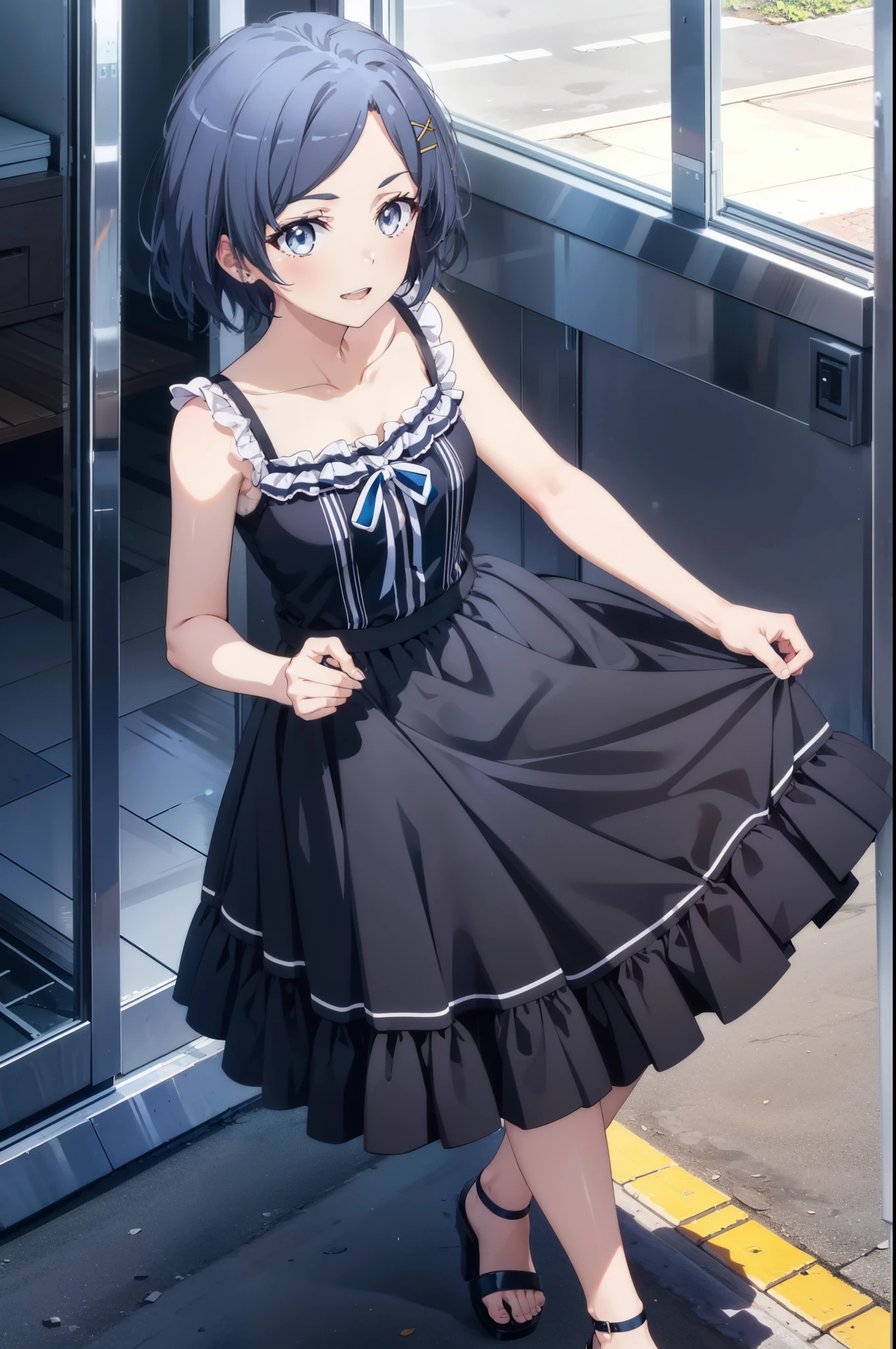 komachihikigaya, komachi hikigaya, short hair, Black Hair, hair ornaments, Ahoge, Hair Clip, x hair ornaments, (Purple eyes:1.1),tooth,happy smile, smile, Open your mouth, Sleeveless black dress,Black long skirt,Cute heeled sandals,whole bodyがイラストに入るように,Real Summer,sunny,Daytime, break outdoors ,city,Building district,Coastal Road break looking at viewer, whole body, break (masterpiece:1.2), highest quality, High resolution, unity 8k wallpaper, (shape:0.8), (Beautiful and beautiful eyes:1.6), Highly detailed face, Perfect lighting, Extremely detailed CG, (Perfect hands, Perfect Anatomy),