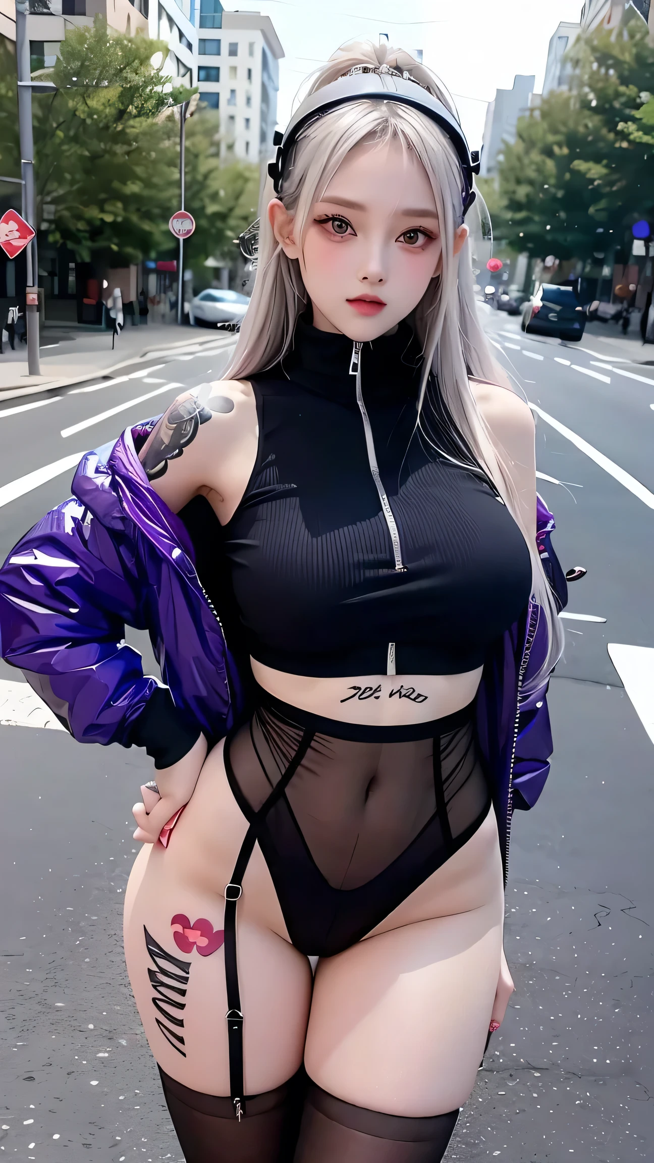 One girl, Gray Hair, Long Hair, Techwear masterpiece, highest quality, Realistic, Dark purple jacket, Portraiture, Fine grain, Wearing the headset, Platinum Hair, 21 year old girl, Fashion pose, Half Body, Wide shot, on the road, cyber punk,(((He has many tattoos all over his body)), (((Tight waist))), ((Big Breasts)),(See-through),panties
