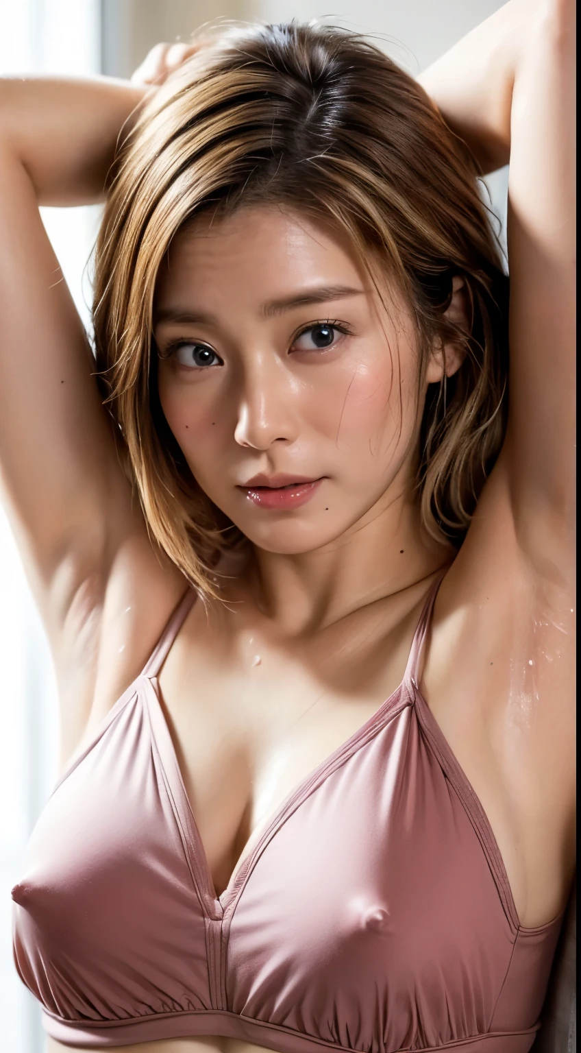 (Realistic:1.3、Ultra HD、Ultra-high resolution、8k、Japanese Housewife、On the bed)、Attention in the armpits、((Look Viewer:1.8))、(Extremely realistic skin texture:1.4)、(Realistic:1.3)、short hair、((Embarrassed expression:1.5))、(blonde:1.5)、40-year-old woman、Ponytail hairstyle、(Lift one arm and show your armpit:1.3)、(Brown eyes:1.3)、(Face close-up:1.2)、(Sweaty:1.2)、(Showing nipples)、((Nipples protruding from clothing,))、camisole、Beautiful nipples、Pink nipples、From above、Wet nipples