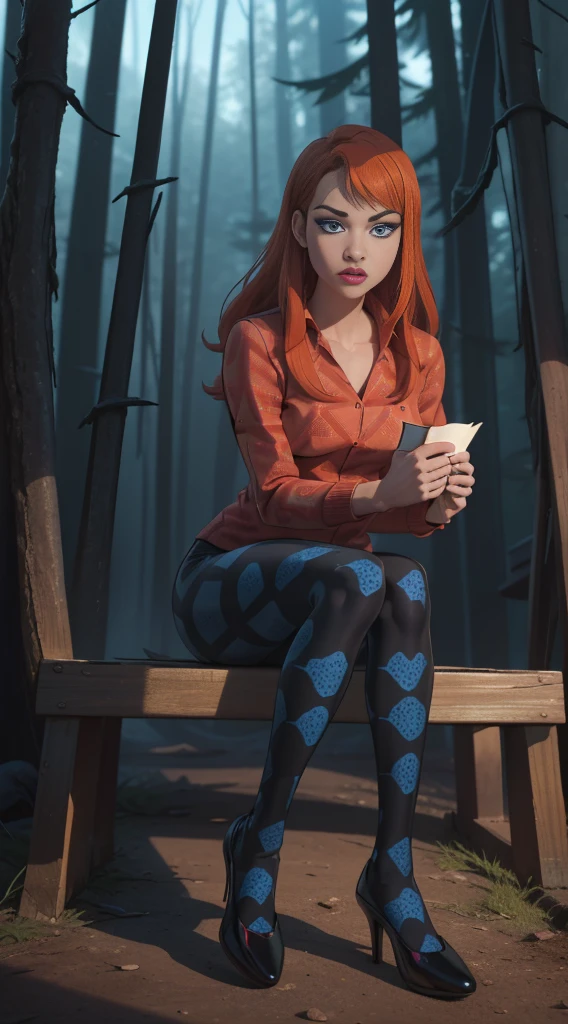 (full body:1.5)，(((1girl)):1.3),(view the viewer:1.4)，((anatomy correct):1.45),((Sitting in the forest):1.3),(she holds a book in her hand:1.15),(shy:1.15)，((prostitute's set):1.2),(((((((Patterned)))))) ,((pantyhose)):1.3),( Uniform high heels leather shoes with bows for female students:1.1)，(Accurate and perfect face:1.3),((crystal blue eyes with eyelashes orange hair):1.2)，hyper HD, Ray traching, reflective light， structurally correct, Award-Awarded, high detail, lighten shade contrast, Face lighting ，cinematic lighting, masterpiece, super detailing, high quality, high detail, best quality, 16k，High contrast,