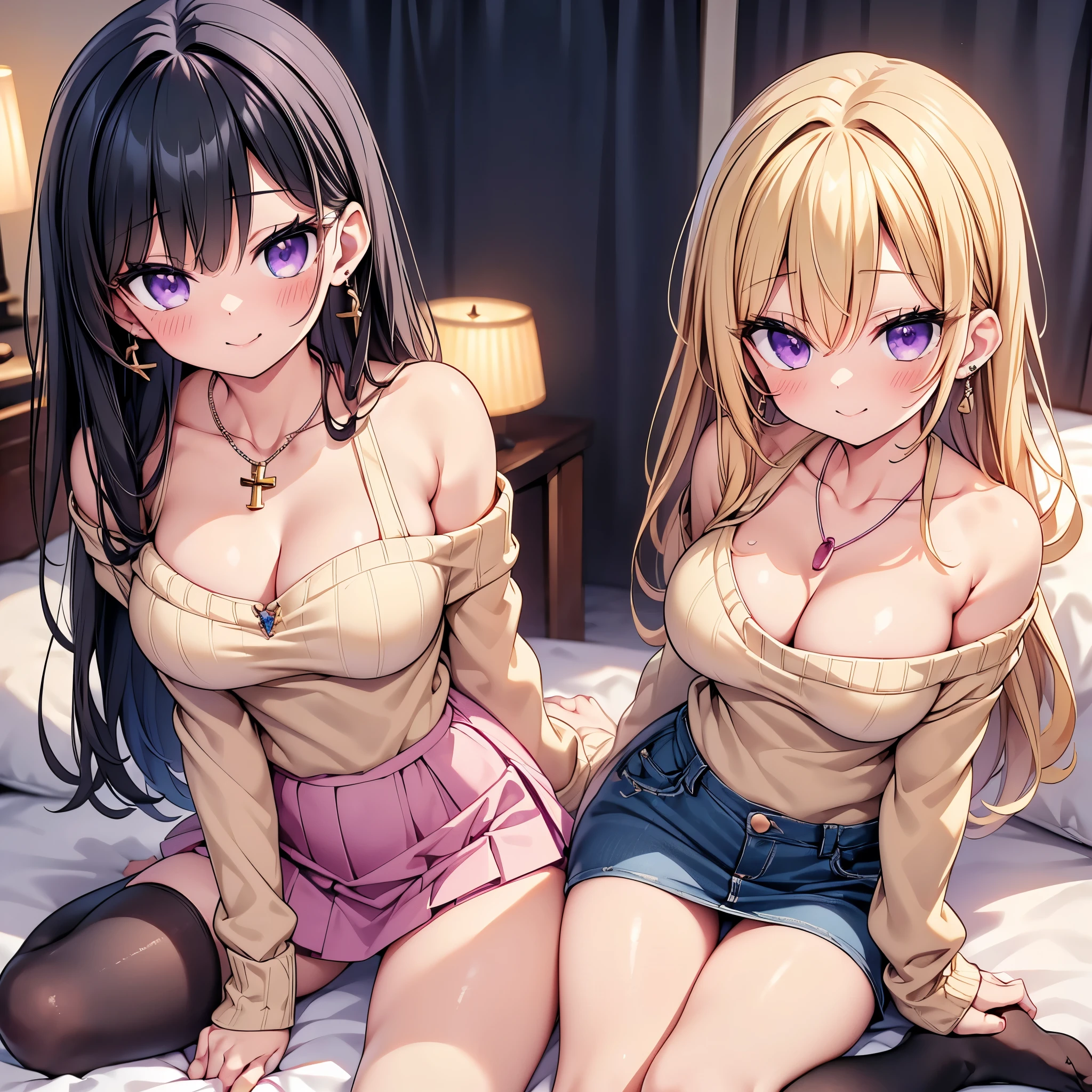 (Tabletop, highest quality, High resolution, , Perfect Pixel, 4k,), 1 girl, single, alone, Beautiful woman、I could see the whole body、 ((Black Hair, long hair)), ((Purple Eyes, Beautiful eyelashes, Realistic eyes)), ((Detailed face, blush:1.2)), ((Smooth texture:0.75, Realistic texture:0.65, Realistic:1.1, Anime CG Style)), Medium breast, Dynamic Angle, Perfect body, ((, Beige off-the-shoulder sweater、Tight denim skirt、Black Stockings、Cute Necklace、Earrings、)), Upper grades、A shy smile、Luxury hotel room、Lie on your back in bed、((Leg spread))、Angle from below、Cross your arms to highlight your cleavage、、((Pink lace panties are visible))、