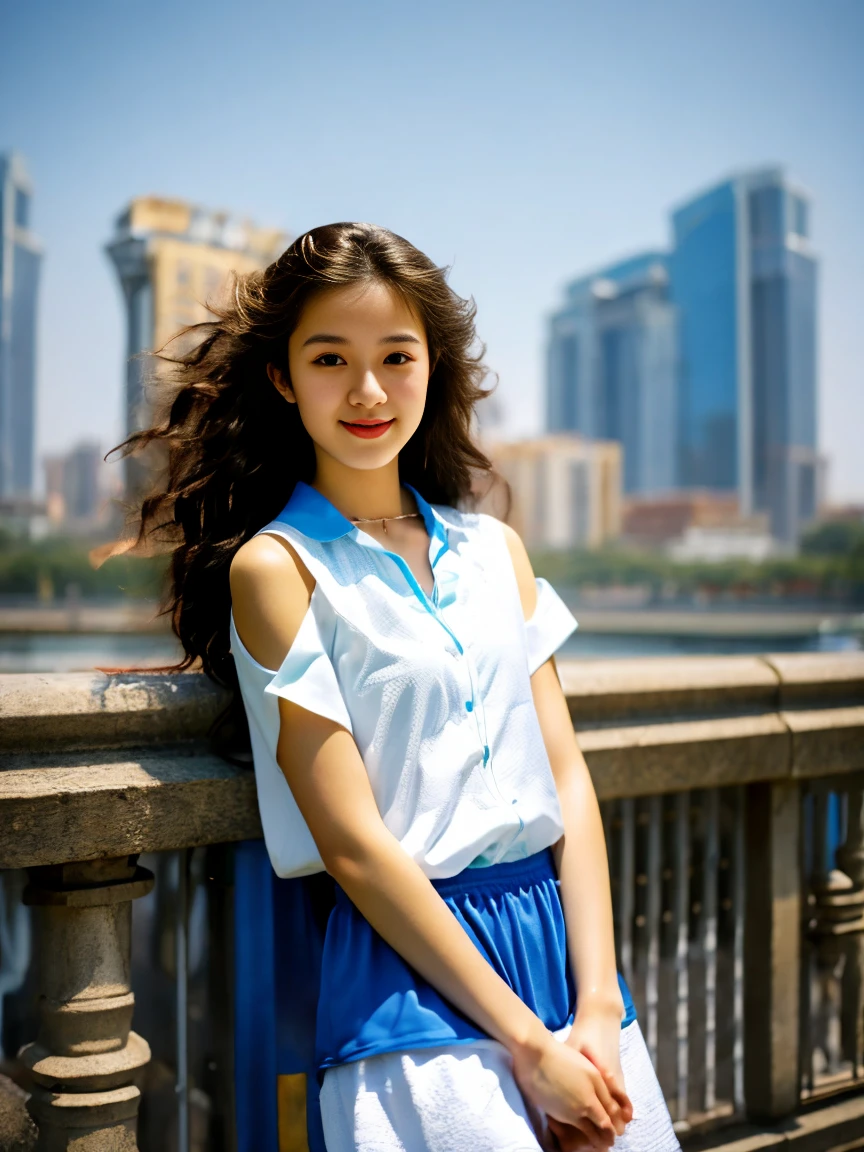 18-year-old player，Ultra HD resolution，8k，Realistic style，Sporty，Natural light，Jersey texture，cheer，Long hair，hale and hearty，whole body，White skin，Chinese Girl，Chinese Girl，long hair，In the city，High-rise buildings，很多High-rise buildings，Long legs，Smile，Blue sky，audience，Facing the camera，Short-sleeved jersey，Black neckline，Black cuffs，Black shorts，Sweatpants，sports shoes，whole body，大Long legs，masterpiece，best quality，high resolution，8K，original photo，real picture，Digital Photography，(UHD, anatomically correct, textured skin, ccurate, award winning), 1lltnh1