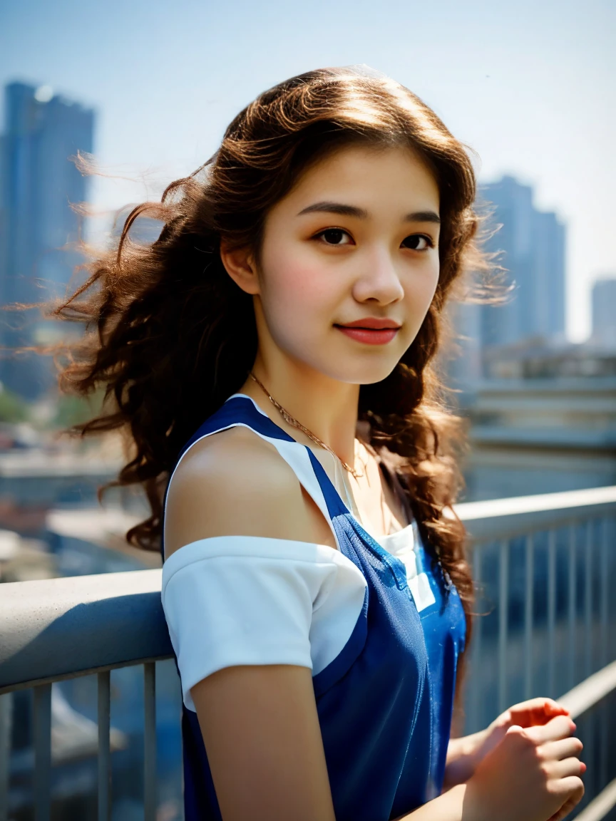 18-year-old player，Ultra HD resolution，8k，Realistic style，Sporty，Natural light，Jersey texture，cheer，Long hair，hale and hearty，whole body，White skin，Chinese Girl，Chinese Girl，long hair，In the city，High-rise buildings，很多High-rise buildings，Long legs，Smile，Blue sky，audience，Facing the camera，Short-sleeved jersey，Black neckline，Black cuffs，Black shorts，Sweatpants，sports shoes，whole body，大Long legs，masterpiece，best quality，high resolution，8K，original photo，real picture，Digital Photography，(UHD, anatomically correct, textured skin, ccurate, award winning), 1lltnh1