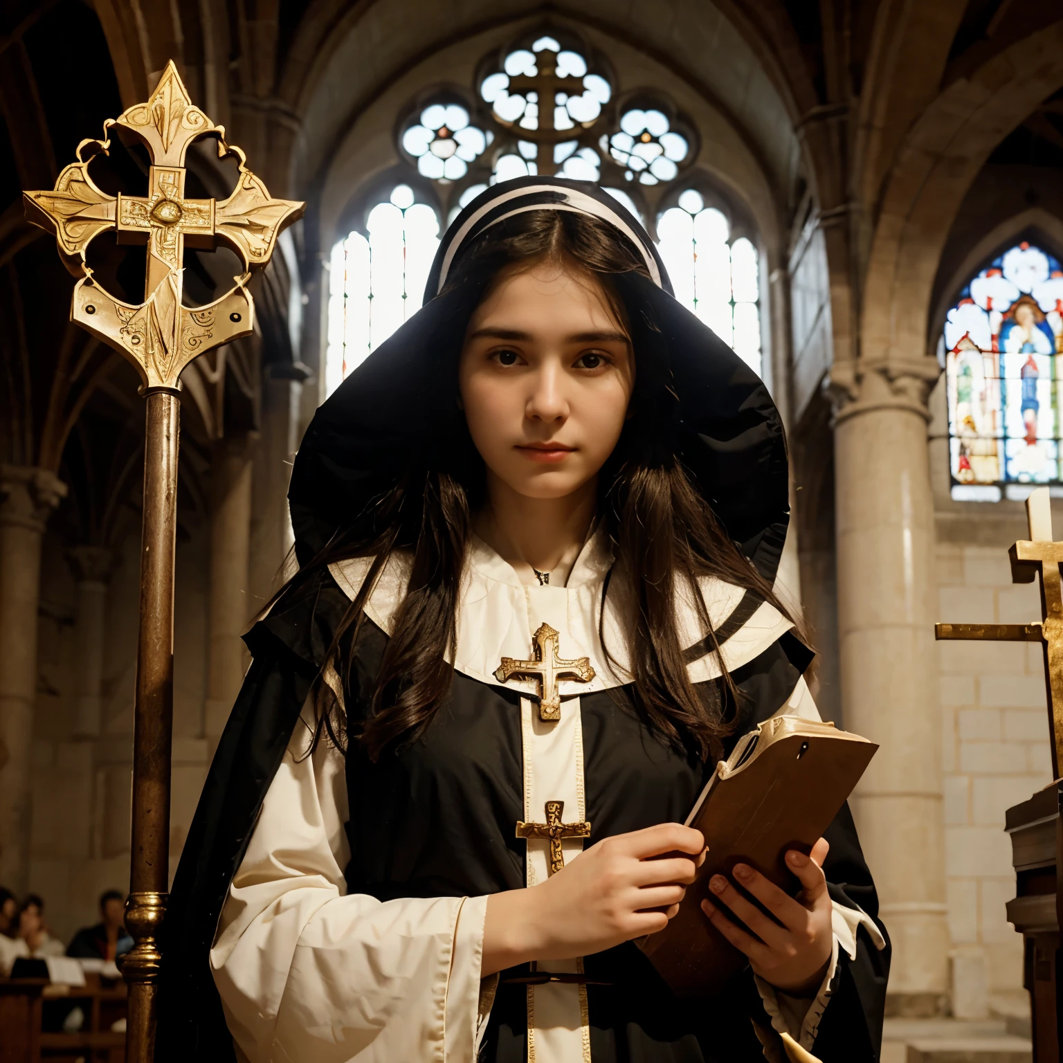 12 year old high school girl..., very long hair like rapunzel, flower crown on head,princess face,innocent,tender,totally naked without clothes ,erect nipples,big breasts, thin waist, long and shapely legs, bracelets on the wrists, whole body, barefoot,posing in convent, church, in the background three elderly monks with cassocks,ultra high definition, realist, vivid colors, muy detailed, UHD drawing, Pen and ink, perfect composition, beautiful, detailed, intricate, increíblemente detailed, octane rendering, trend on Artstation, 8k art photography, photorealist concept art, Soft natural volumetric cinematic perfect light