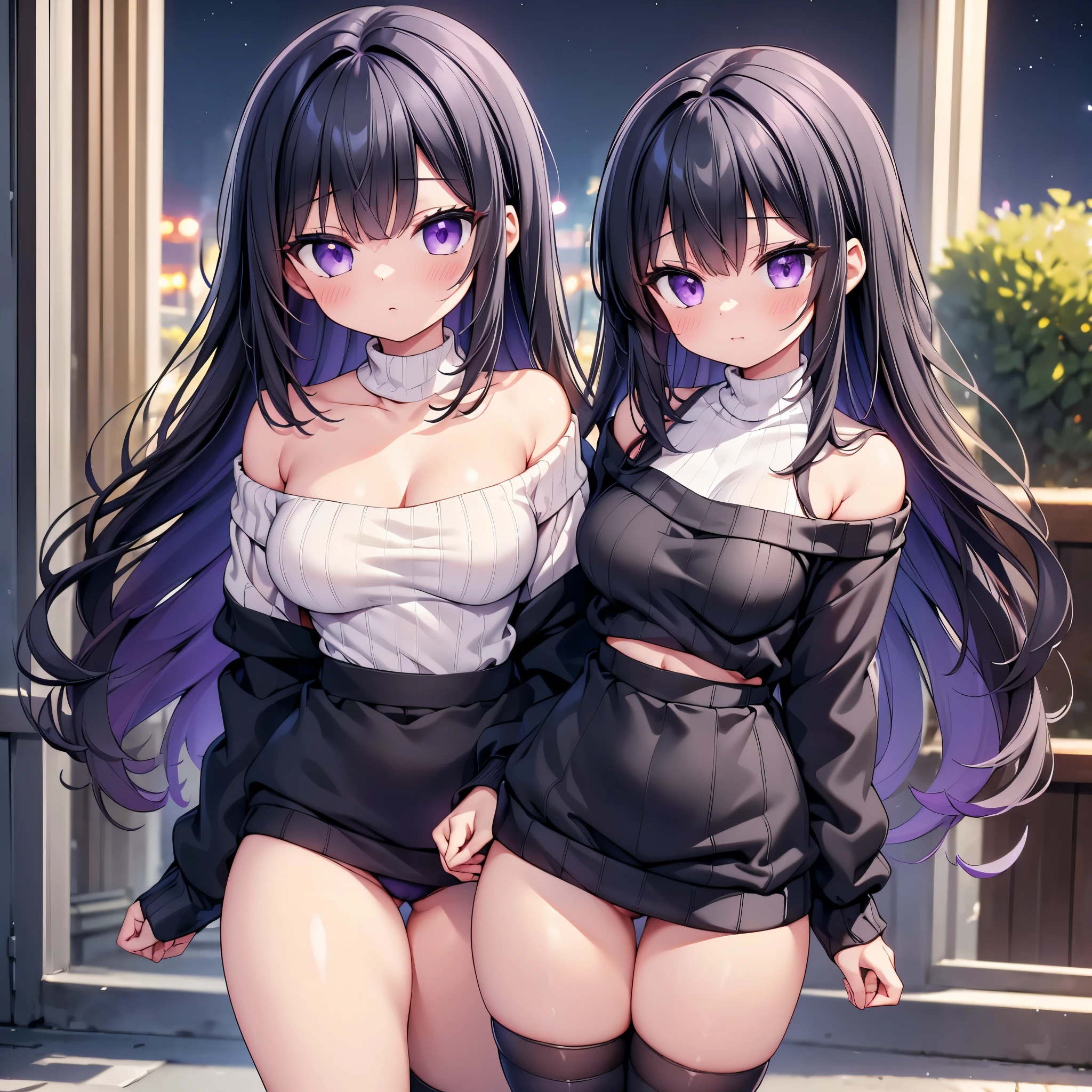 highest quality,wonderful,finely,extremely detailed CG Unity 8K wallpaper, (1 girl, Black Hair, Purple Eyes, long hair), (midium breasts:1.1),(off-shoulder sweater:1.3), (Black knee socks:1.1),(Thighs:1.3),(Waistline:1.3)