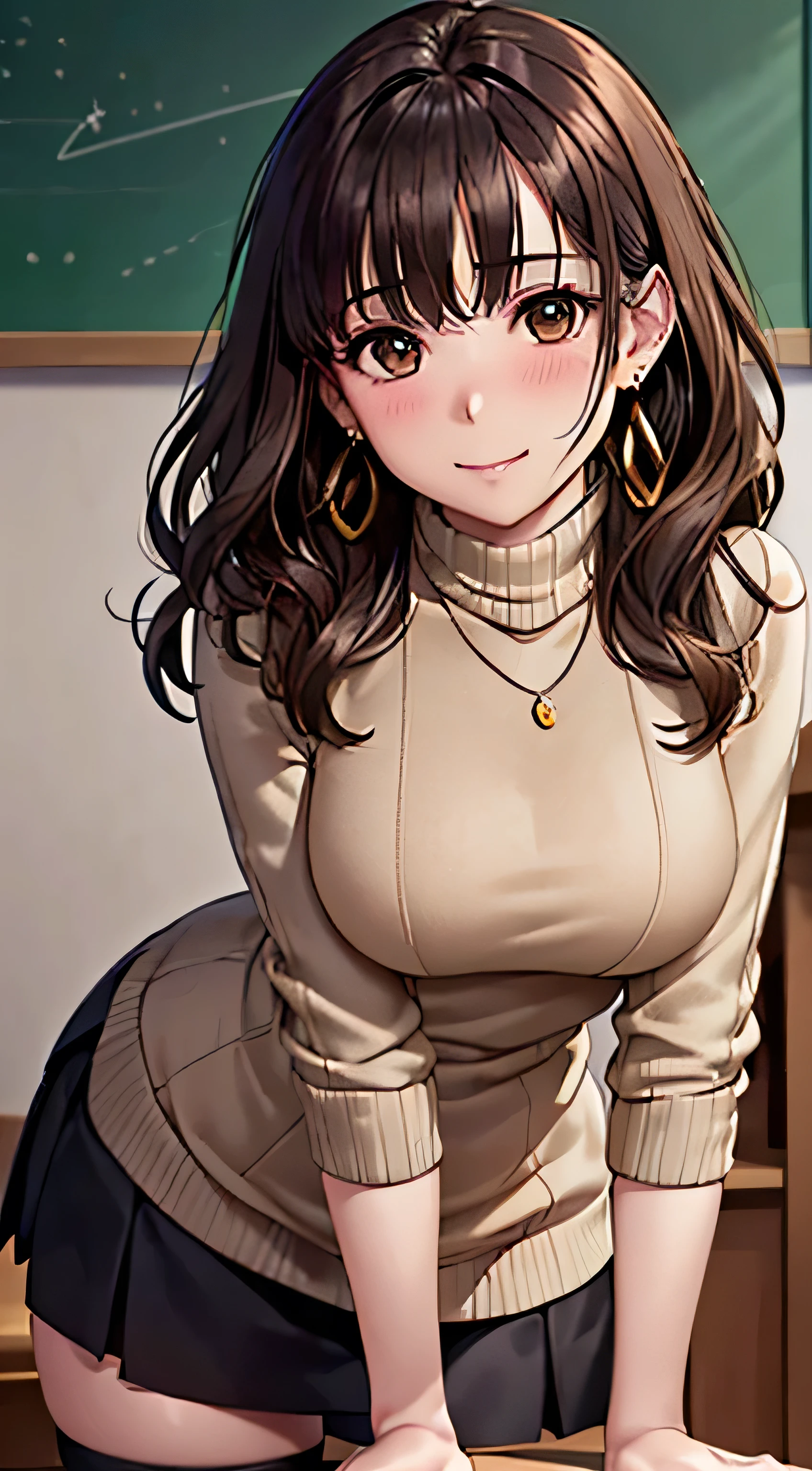 (Tabletop, highest quality, High resolution, , Perfect Pixel, 4K,), 1 girl, single, alone, Beautiful woman、I could see the whole body、 ((Wavy mid-length hair, bangs, Brown Hair)), ((Brown eyes, Beautiful eyelashes, Realistic eyes)), ((Detailed face, blush:1.2)), ((Smooth texture:0.75, Realistic texture:0.65, Realistic:1.1, Anime CG Style)), Medium Chest, Dynamic Angle, Perfect body, female teacher、((, Beige turtleneck sweater、Flared long skirt、Black Stockings、Cute Necklace、Earrings、)), look up、A shy smile、、Put your hands behind your back、Leaning forward、)、Angle from below、、、