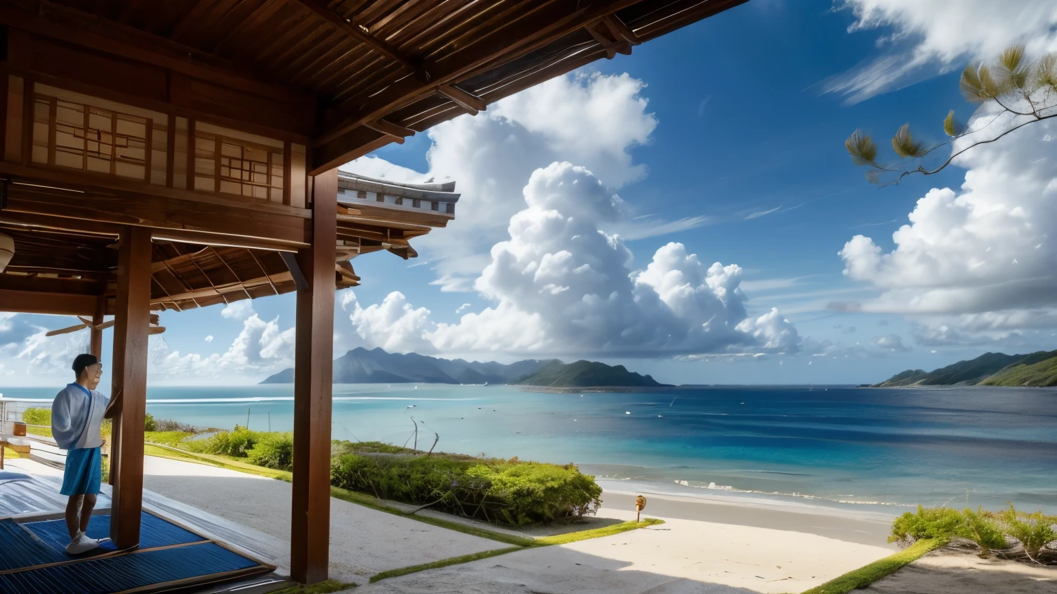 Please generate an image depicting a scene where a high school boy is humming a Ryukyu folk song on the veranda of a seaside house in Okinawa.。High school boys、Wearing a Ryukyu kimono。
In the background、The clear, blue sea that is symbolic of Okinawa spreads out before you.、The coastline features white sandy beaches。The gentle waves of the ocean lapping on the shore、The blue sky and white clouds in the distance add to the atmosphere of the image.。This image is、Expressing how the younger generation is inheriting the traditional culture of the Ryukyus、Please make it something that also conveys the natural beauty of Okinawa.。