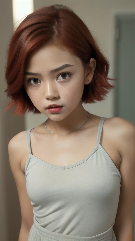 Very cute and baby-like face, Very cute and baby-like face, G-String, Angry pose, Angry face, (((MALAY GIRL))), masterpiece, High quality, UHD 45K, Realistic face, Realistic skin feeling , A Malay Lady, 8 years old, Very cute and baby-like face, (((FLAT CHEST))), (MATRIX WORLD), ((look In front  at the camera and SADNESS)), (((short red hair style))), (((CUTE GIRL))), ((PASTEL RED LIPS)), ((PASTEL SILVER BLOUSE)), ((CHUBBY)), ((UNDRESS)).