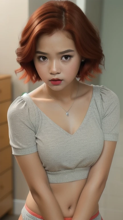 Very cute and baby-like face, Very cute and baby-like face, G-String, Angry pose, Angry face, (((MALAY GIRL))), masterpiece, High quality, UHD 45K, Realistic face, Realistic skin feeling , A Malay Lady, , Very cute and baby-like face, (((FLAT CHEST))), (MATRIX WORLD), ((look In front at the camera and SADNESS)), (((short red hair style))), (((CUTE GIRL))), ((PASTEL RED LIPS)), ((PASTEL SILVER BLOUSE)), ((CHUBBY)), ((UNDRESS)).