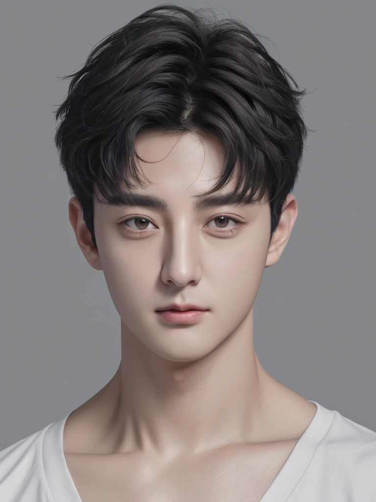 Jungkook, man, (Highly detailed CG Unity 8K wallpaper, highest quality, super detailed, Realistic, look at the camera:1.5, gray background), 28 year old, boy, Korean, short black hair, sharp eyebrows, round face, average eyes, small nose, normal lips, shirtless, glaring light on face