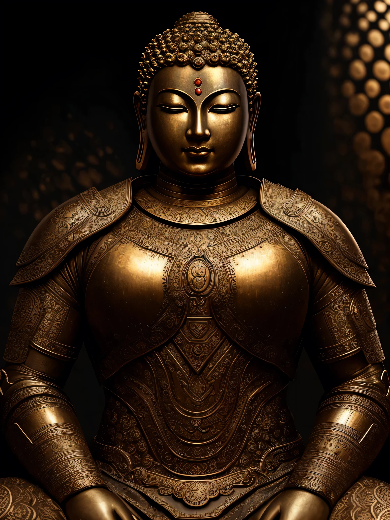 A realistic Buddha figure dressed in an intricately detailed iron outfit, showing off his remarkable strength and fierce determination. The background is set in a neutral tone, adding to the moody and contemplative atmosphere. The iron suit shines under the bright lights in this hyper-realistic, high-definition image, capturing every detail in 8k UHD. The Buddha's calm expression and deep concentration convey a sense of innate power and inner peace.
