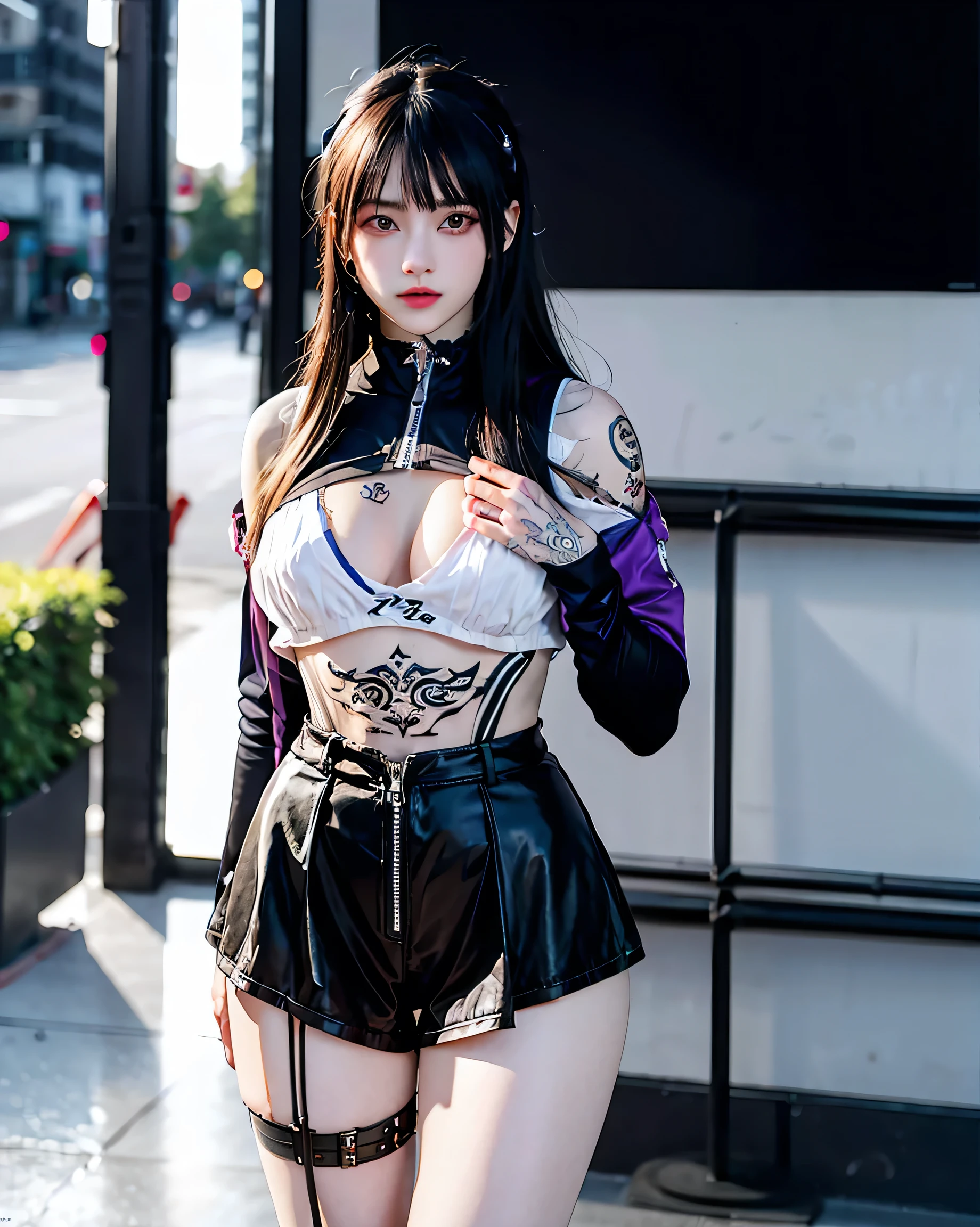 One girl, Gray Hair, Long Hair, Techwear masterpiece, highest quality, Realistic, Dark purple jacket, Portraiture, Fine grain, Wearing the headset, Platinum Hair, 21 year old girl, Fashion pose, Half Body, Wide shot, on the road, cyber punk,(((He has many tattoos all over his body)), (((Tight waist))), ((Big Breasts)),(See-through),panties