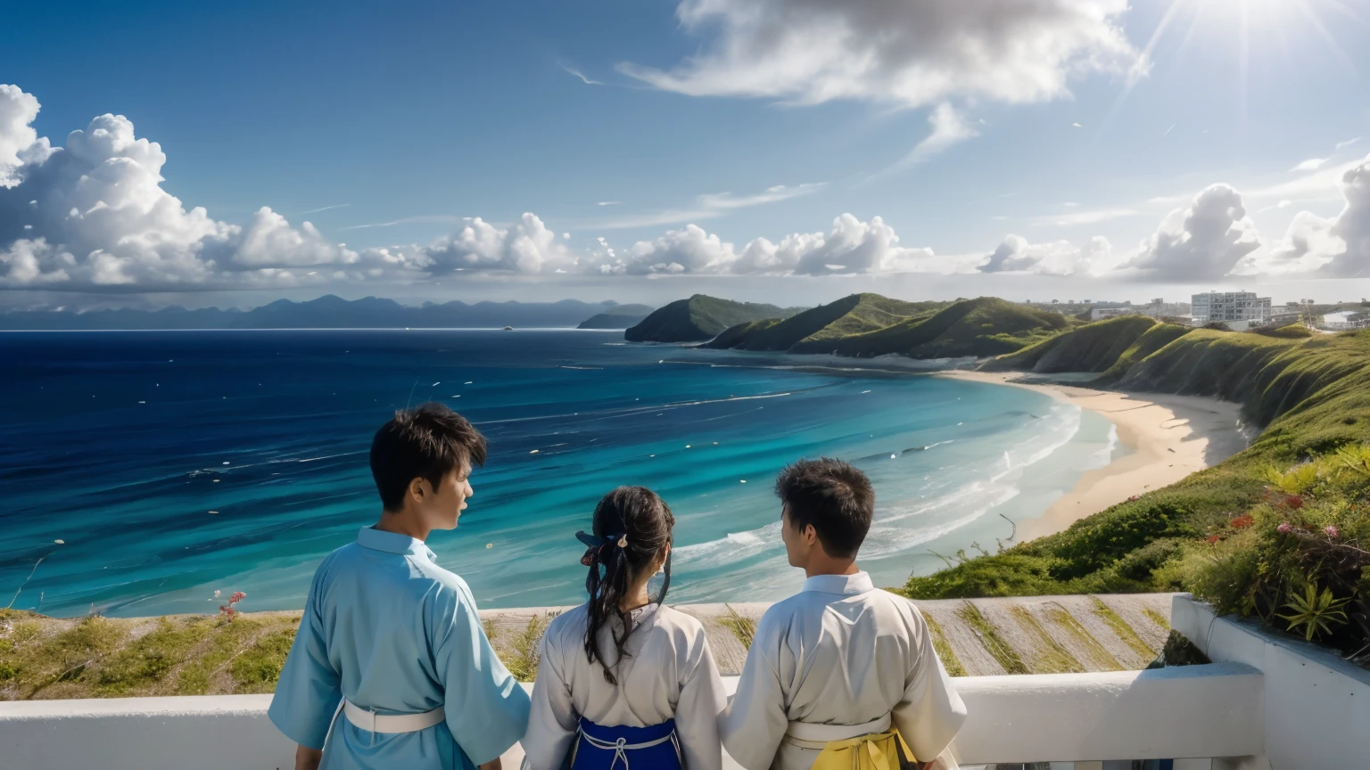 Please generate an image depicting a scene where a high school boy is humming a Ryukyu folk song on the veranda of a seaside house in Okinawa.。High school boys、Wearing a Ryukyu kimono。
In the background、The clear, blue sea that is symbolic of Okinawa spreads out before you.、The coastline features white sandy beaches。The gentle waves of the ocean lapping on the shore、The blue sky and white clouds in the distance add to the atmosphere of the image.。This image is、Expressing how the younger generation is inheriting the traditional culture of the Ryukyus、Please make it something that also conveys the natural beauty of Okinawa.。