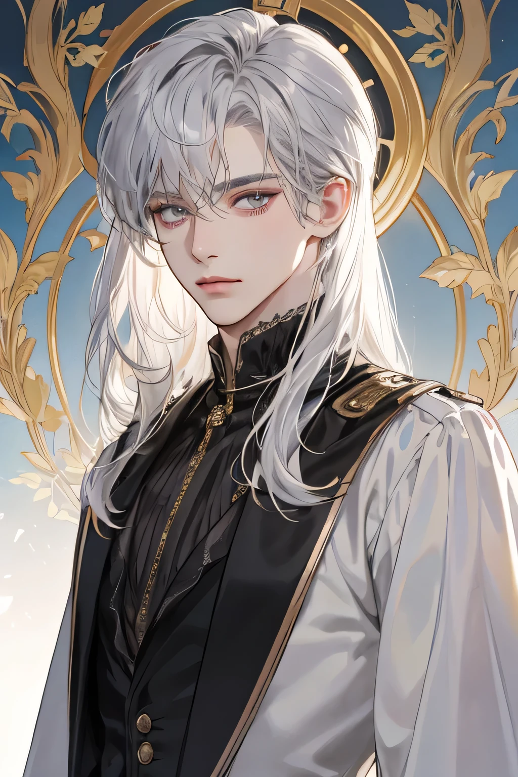 Emporer, old Man, male, 1boy, mature male, manly, shine, depicting Equal eyes, golden eyes (A Male god) Look at camera, depicting delicate facial features, white gold uniform victorian, white gloves, gothic style, ribbon, silver white long hair, extreme detail, delicate depiction, light golden eyes, all colors except purple are low saturation, royal, elegant, noble, royal dress, grey eyes, silver white long hair