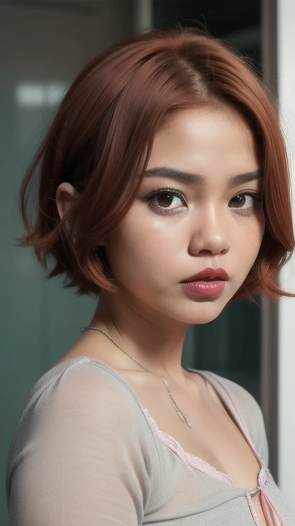 Very cute and baby-like face, Very cute and baby-like face, G-String, Angry pose, Angry face, (((MALAY GIRL))), masterpiece, High quality, UHD 45K, Realistic face, Realistic skin feeling , A Malay Lady, , Very cute and baby-like face, (((FLAT CHEST))), (MATRIX WORLD), ((look In front at the camera and SADNESS)), (((short red hair style))), (((CUTE GIRL))), ((PASTEL RED LIPS)), ((PASTEL SILVER BLOUSE)), ((CHUBBY)), ((UNDRESS)).