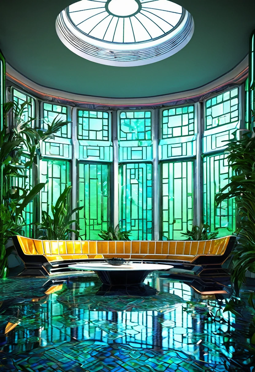 The inside of a beautiful well designed very appealing attractive Cybertronian bot family private home habitation residence detailed kinda art deco futurist cyberlike with touches hints of greenery cybertronian exotic natve growth greenery Cybertron art and historical pieces private residential quarters spaces rooms with views onto gardens and native green areas Huge round and bay windows.Subtle hint of plants natural growth inside bright colors designs-metallic colors geometric patterns shapes and designs along with oval or big round windows bay windows metallic elements touches chrome copper bronze steel gold thruout a cyber futurist kinda art deco cybertronian look and feel"Bright and shiny colors metallic colors and tones jewel tones. screens with holographic projections lowing lines or symbols reminiscent of Cybertronian writing. They could serve as both decoration and functional indicators.Habitations homes suffused with brilliant Cybertronian light very detailed exotoc kinda otherworldly futurist also with hover vehicles landing bays attached With skylights cyberonian located thruout residence habitation having a epic impressive cyberlike kinda futurist look and feel. Cybertronian inside futurist style fountains with Cybertronian style art pieces varied bright colors and tones thruout incredibly detailed 4k piece an images high rez looks HD with restrained subtle light hand hints and touches neon and fluorescent colors inside with cybertronian somewhat cyberlike comfortablefuturist very Cybetronian furniture pieces with art and nice well sized like common area rooms gathering spots. also use of Cybertronian like tiles and marblelike surfaces discreetly placed arrangengement of exotic Cybertronian like style flowers and native exotic growth and greenery flower arrangements almost japanese style with als Jewwl and Metallic colored style Cybetronian glass like windows very Cybetronian cyberlike kinda modernist/art deco funiture pieces and Cybertron art/Materpiec