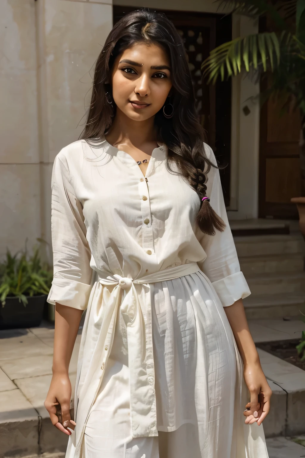 Certainly! Here’s a more detailed visualization of Riya’s physical appearance, blending traditional Indian features with a contemporary aesthetic:

**Physical Appearance:**

- **Height:** Riya stands at 5'7", giving her a poised and elegant presence.
- **Complexion:** She has a warm honey-toned complexion that glows especially under the golden hues of Delhi's sunlight.
- **Hair:** Riya’s hair is long, thick, and wavy. It cascades down her back in rich, dark waves, and she often wears it loose or in a stylish braid, sometimes adorned with small, delicate flowers when she attends traditional events.
- **Eyes:** Her eyes are large and expressive, framed by long, dark lashes. The color is a deep brown, almost black, which reflects her thoughtfulness and the depth of her emotions.
- **Facial Features:** Riya has a gentle, oval-shaped face with high cheekbones and a soft, inviting smile. Her features are harmonious, with a slightly aquiline nose and full lips that curve into a smile easily.
- **Style:** Her clothing style is a tasteful blend of tradition and modernity. She prefers wearing elegant kurtas and sarees in rich fabrics like silk and chiffon for traditional settings, often choosing vibrant colors that complement her complexion. For more casual or professional settings, she opts for chic, tailored salwar suits or contemporary dresses that strike a balance between comfort and style. She accessorizes with tasteful, often handmade jewelry, like silver jhumkas or a simple gold chain, and carries herself with an understated grace.
- **Presence:** Riya’s demeanor is confident yet approachable, with a warmth that draws people in. She moves with a graceful ease, reflecting her awareness and respect for her cultural heritage while also showcasing her open, progressive mindset.

Riya's look is designed to reflect her complex character—rooted in tradition but with a clear vision towards the future, embodying the spirit of modern Indian women who respect their past while for